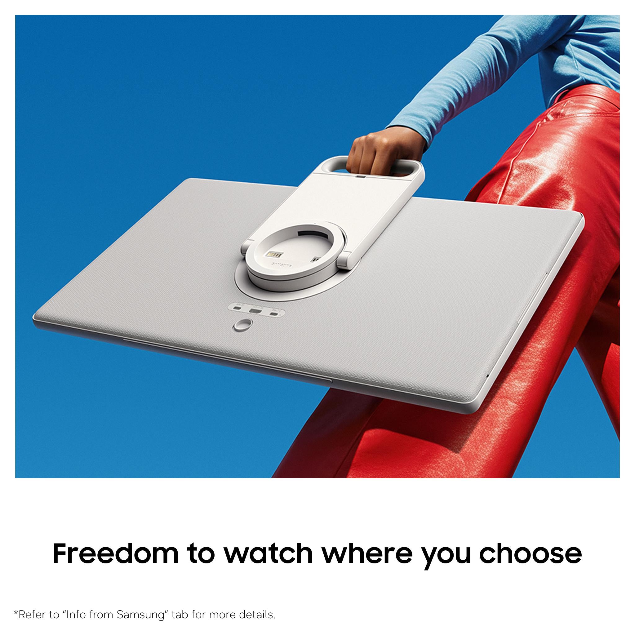 White smart TV panel with circular control on base, shown angled