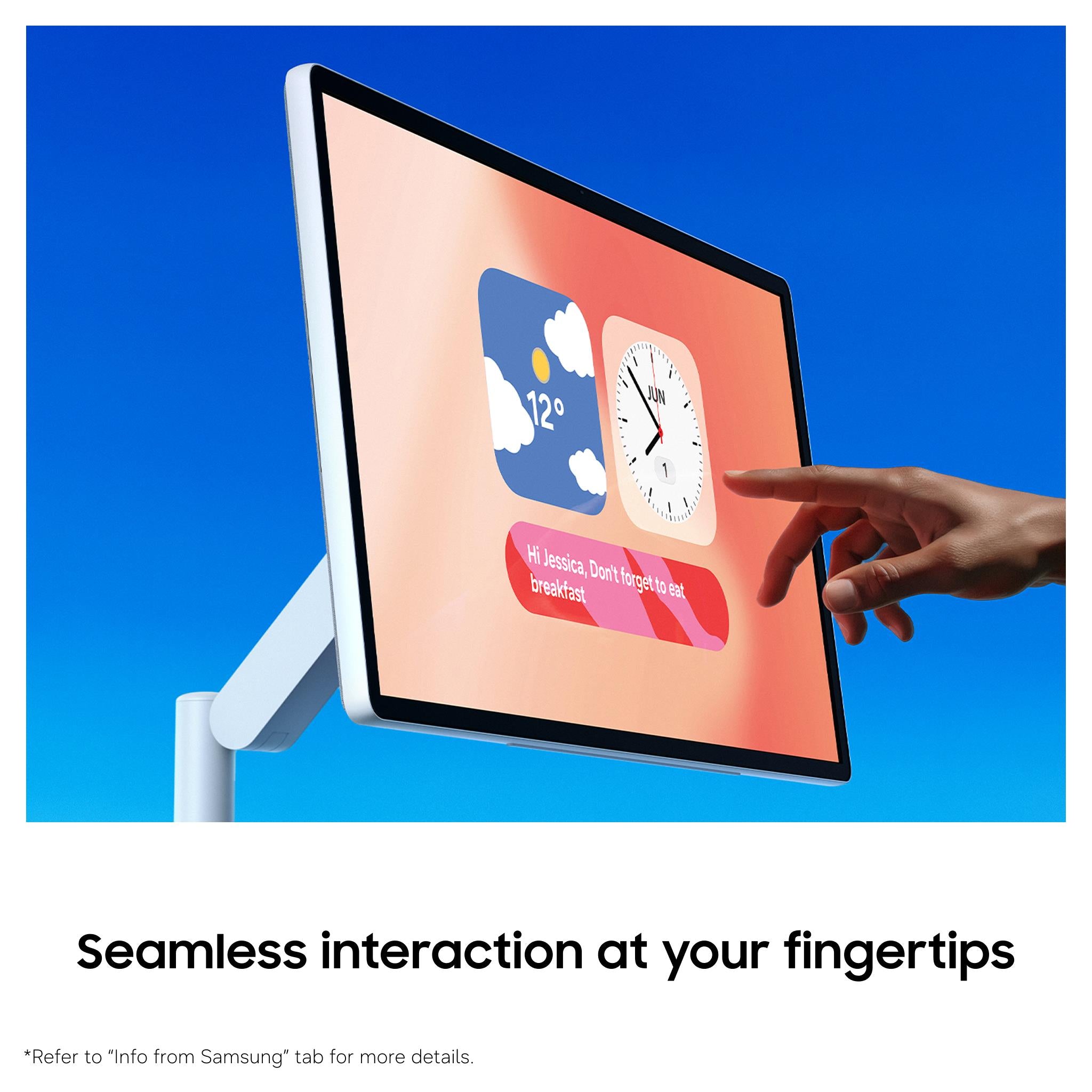 White touchscreen TV with hand interacting, on pedestal stand