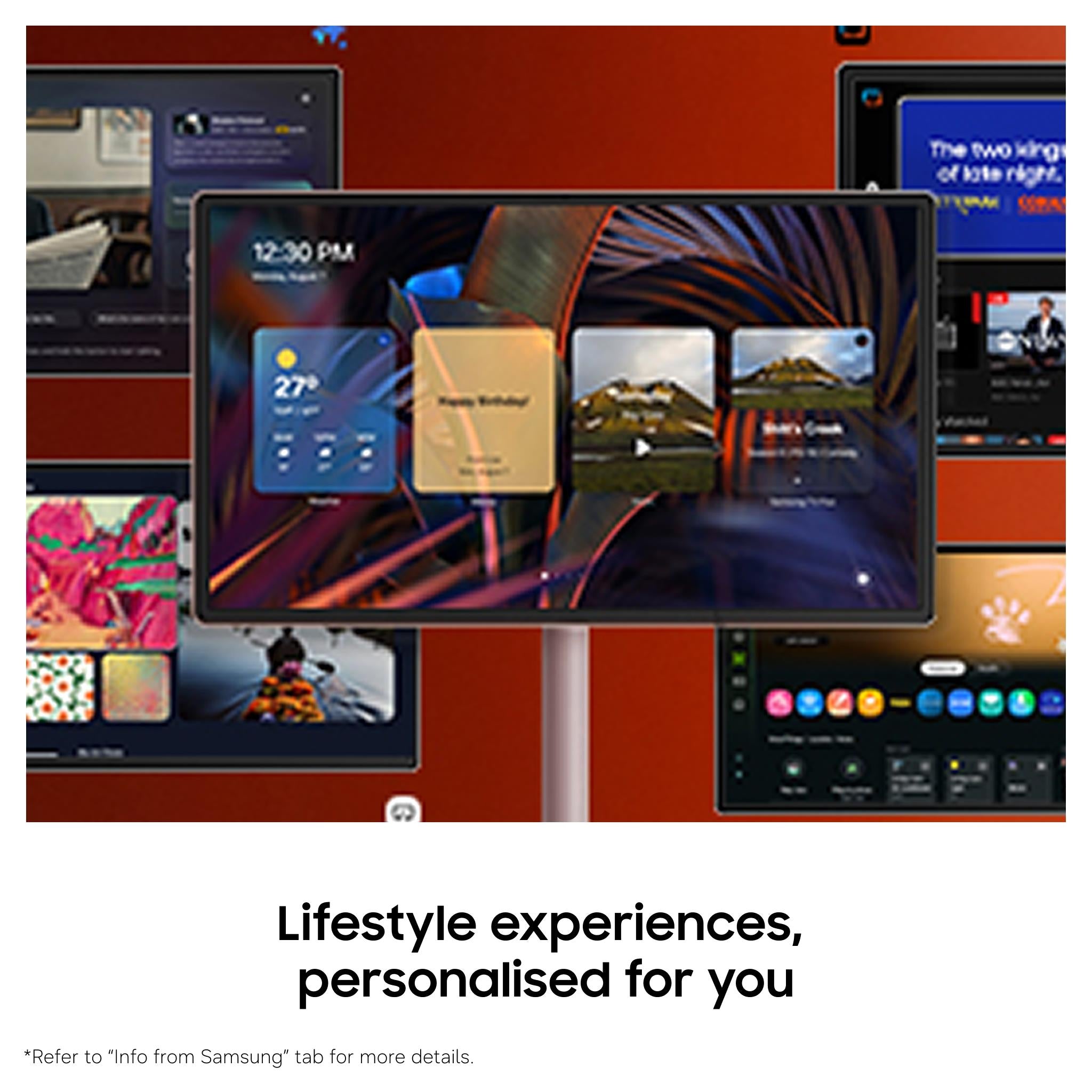 Smart TV on stand showing multi-app home screen dashboard