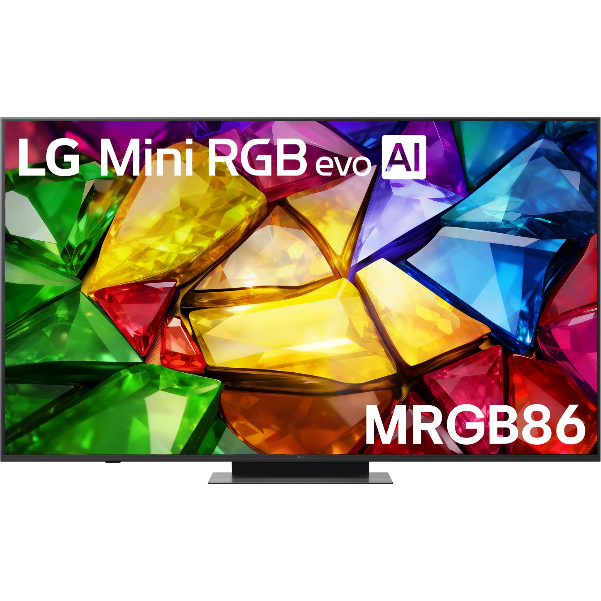 LG 65-inch Mini RGB evo AI 4K TV with multicolor RGB geometric graphics on screen