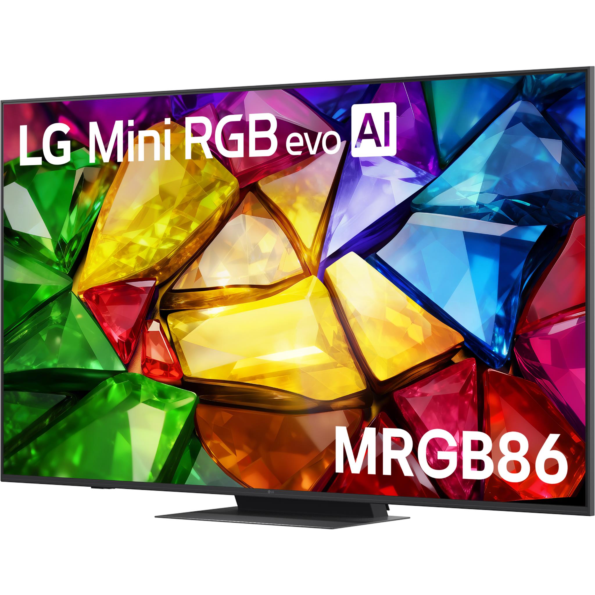 LG 65-inch Mini RGB evo AI 4K TV showing vibrant multicolor RGB screen artwork