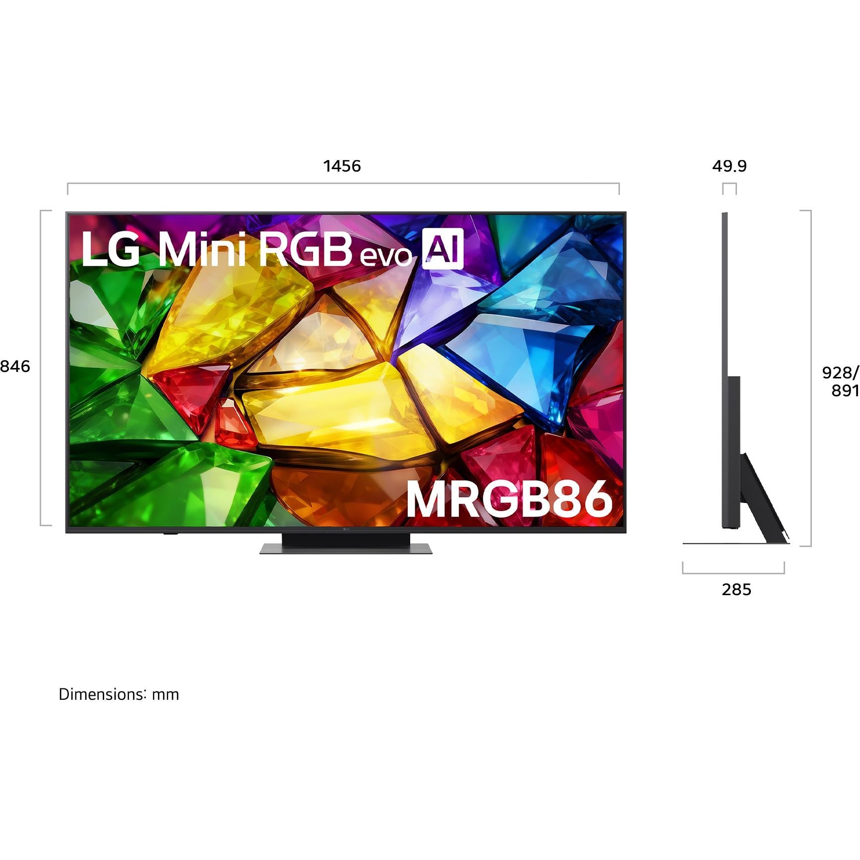 LG 65-inch Mini RGB evo AI 4K TV side view with dimensions and center stand