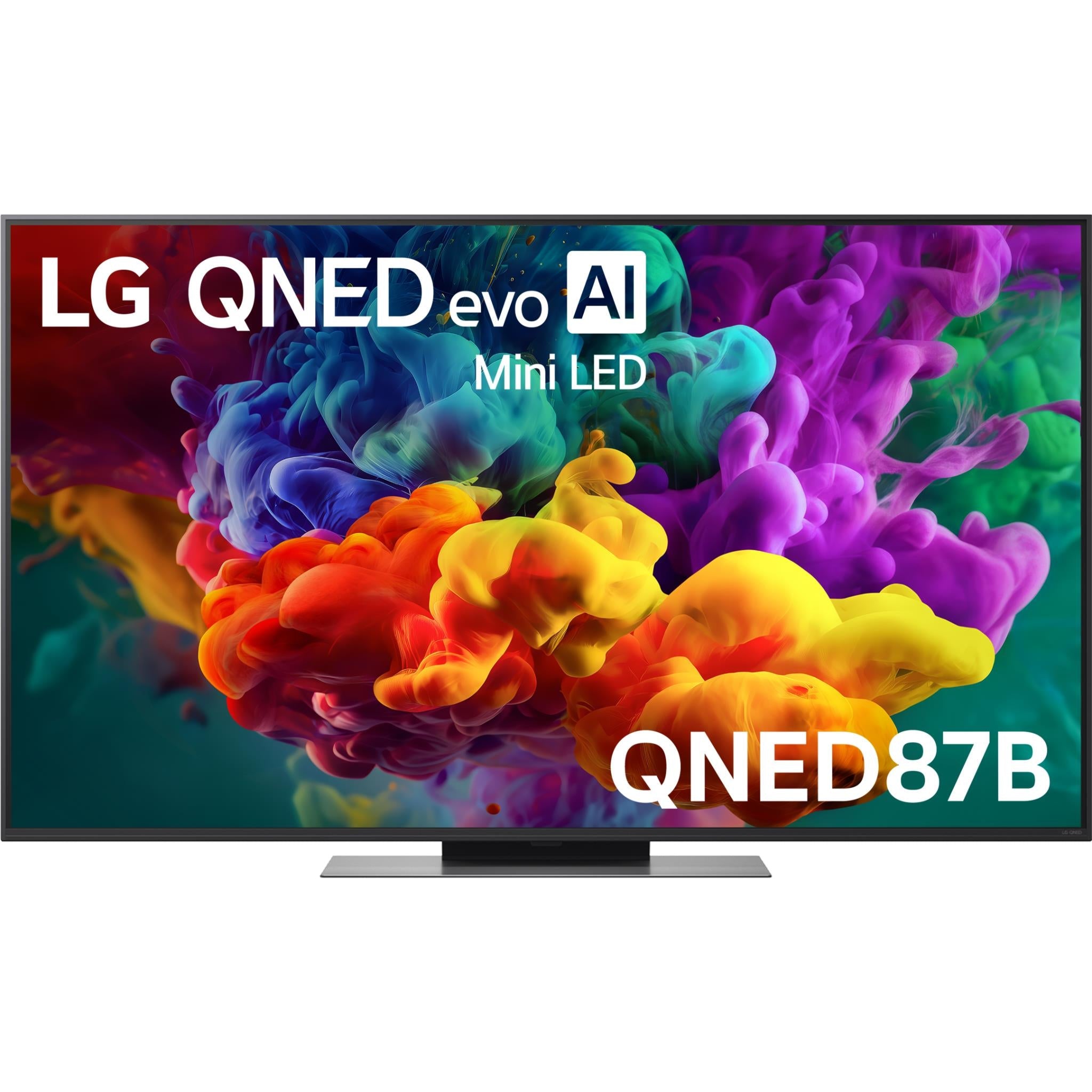 LG QNED mini LED smart TV with colorful smoke screen and QNED87B branding