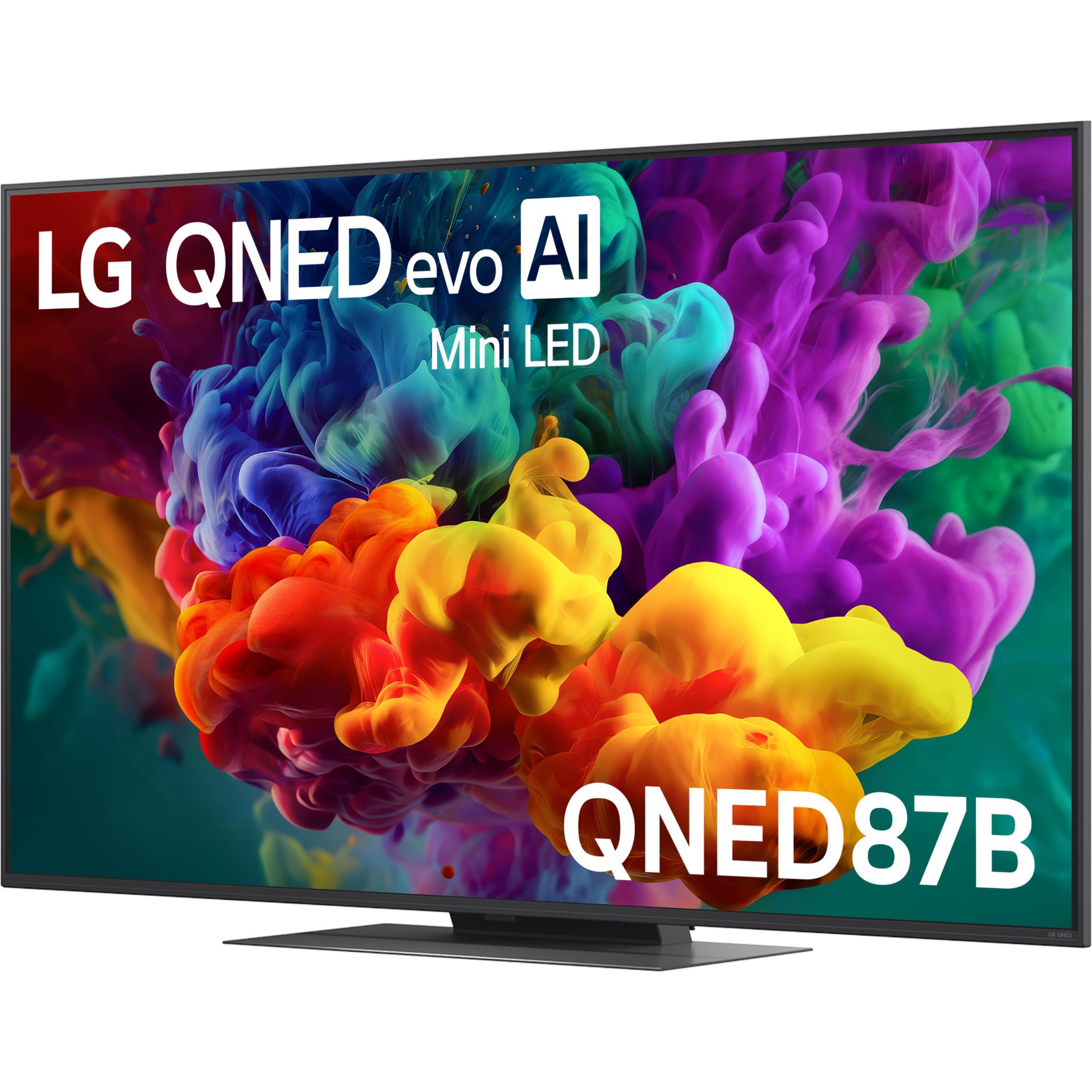 LG QNED mini LED smart TV angled view with colorful smoke screen and QNED87B