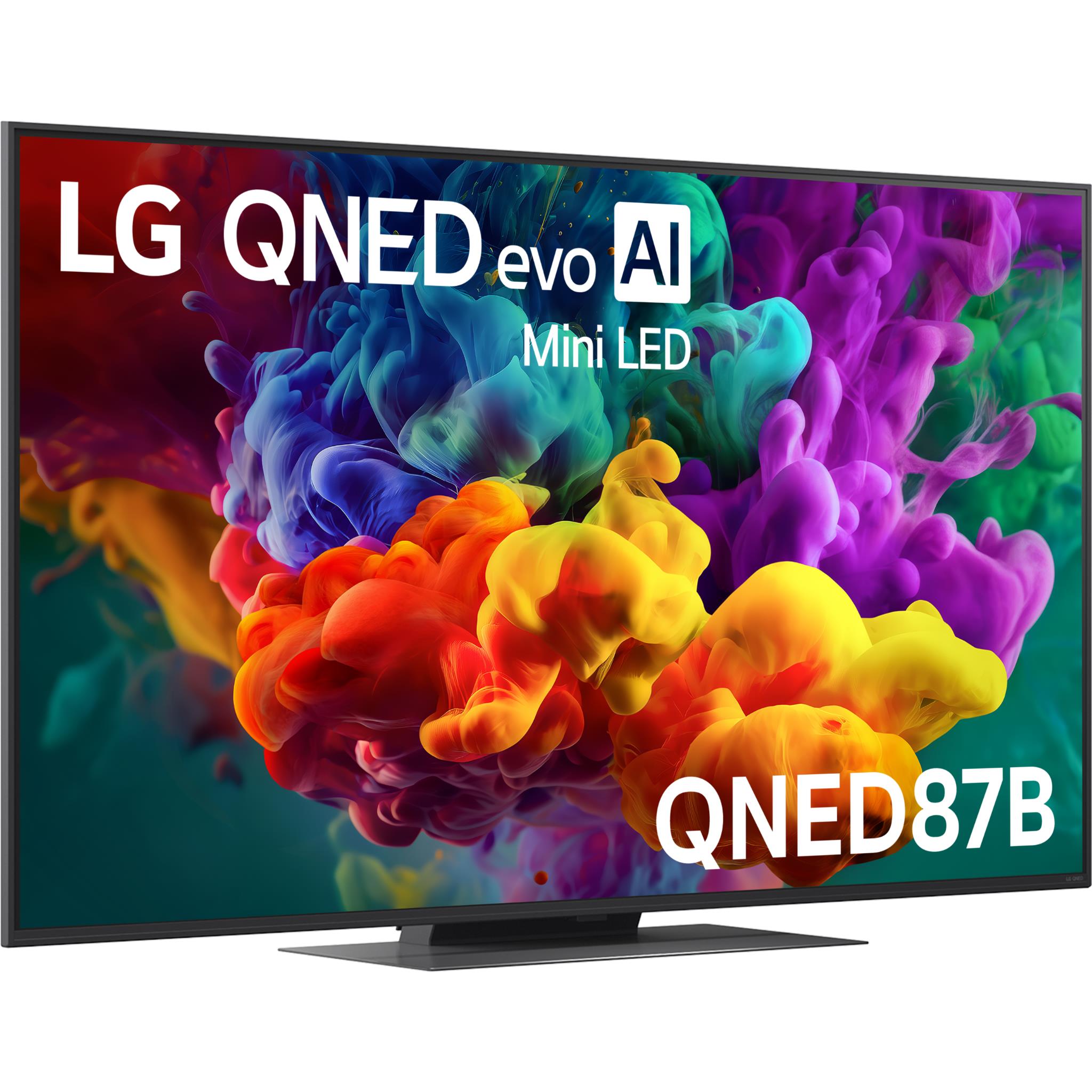 LG QNED mini LED smart TV front view with colorful smoke display and QNED87B