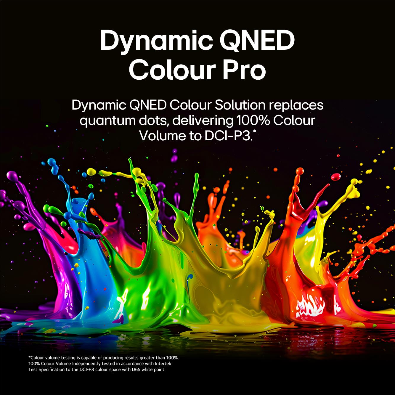 Dynamic QNED Colour Pro feature graphic with bright rainbow paint splash