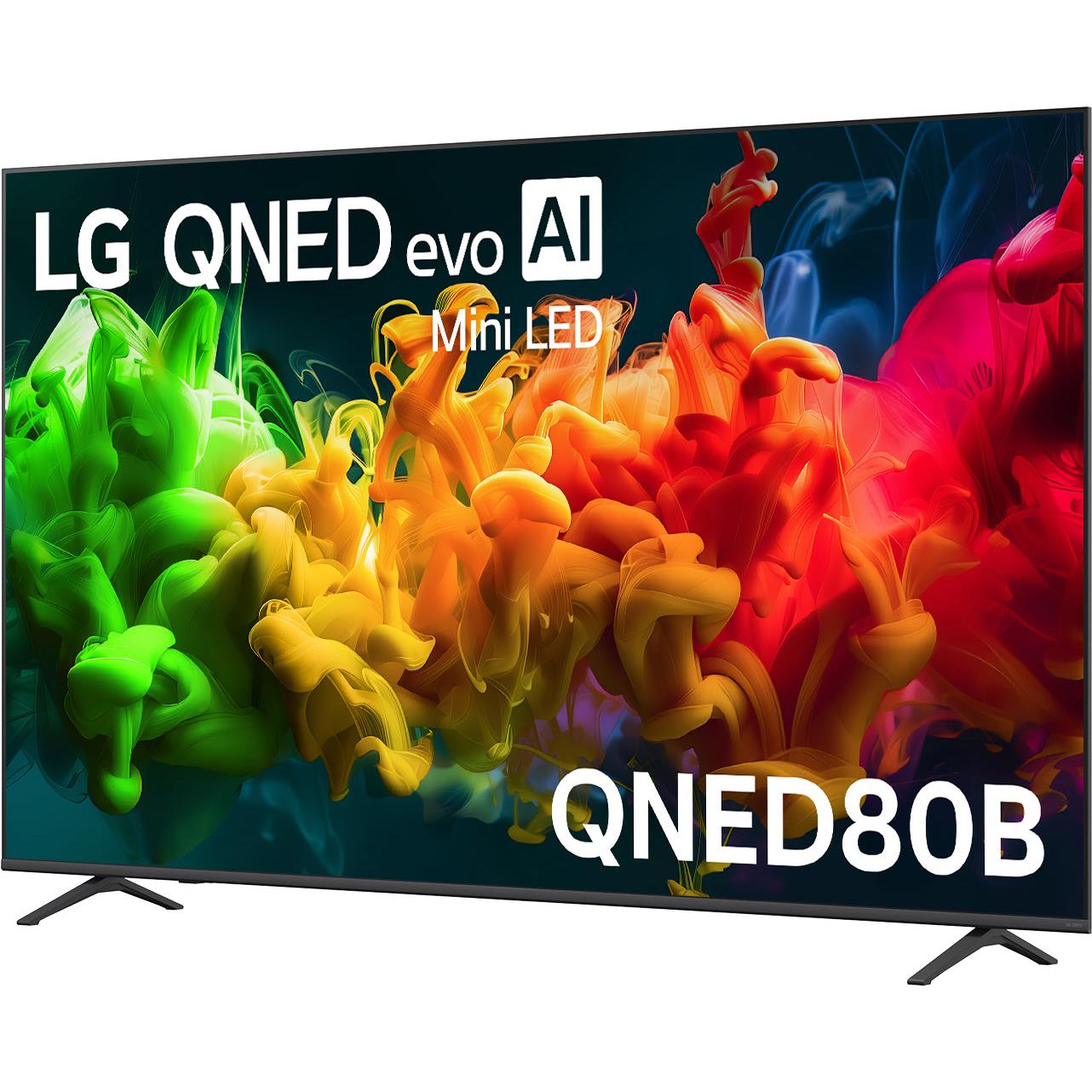 Mini-LED 4K smart TV front view with bright abstract display and two stand legs