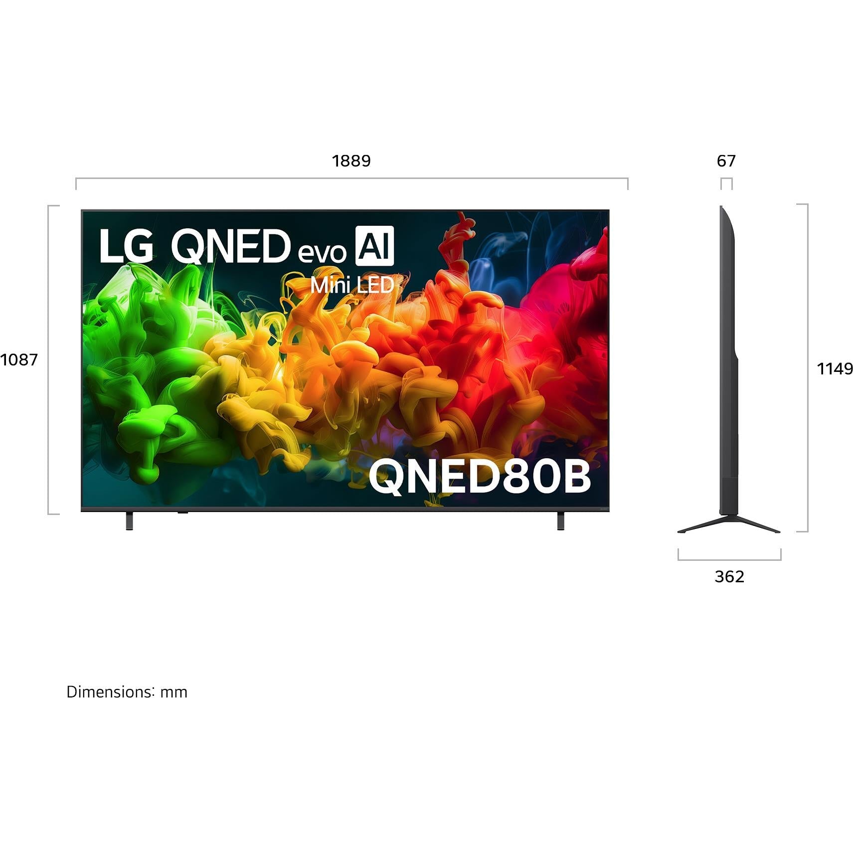 Mini-LED 4K smart TV side profile with height and width dimension diagram