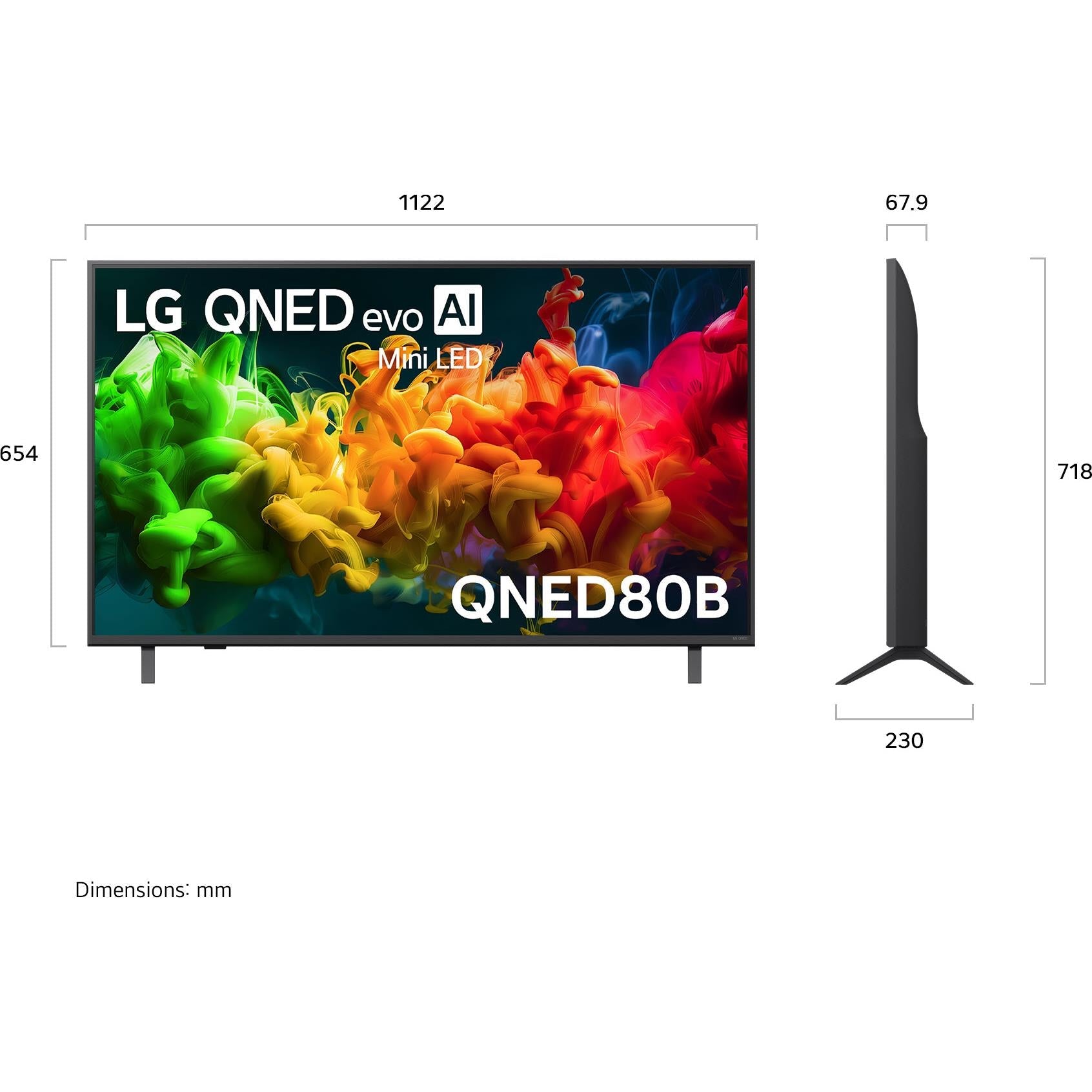 50-inch LG smart TV with side profile and on-screen size diagram