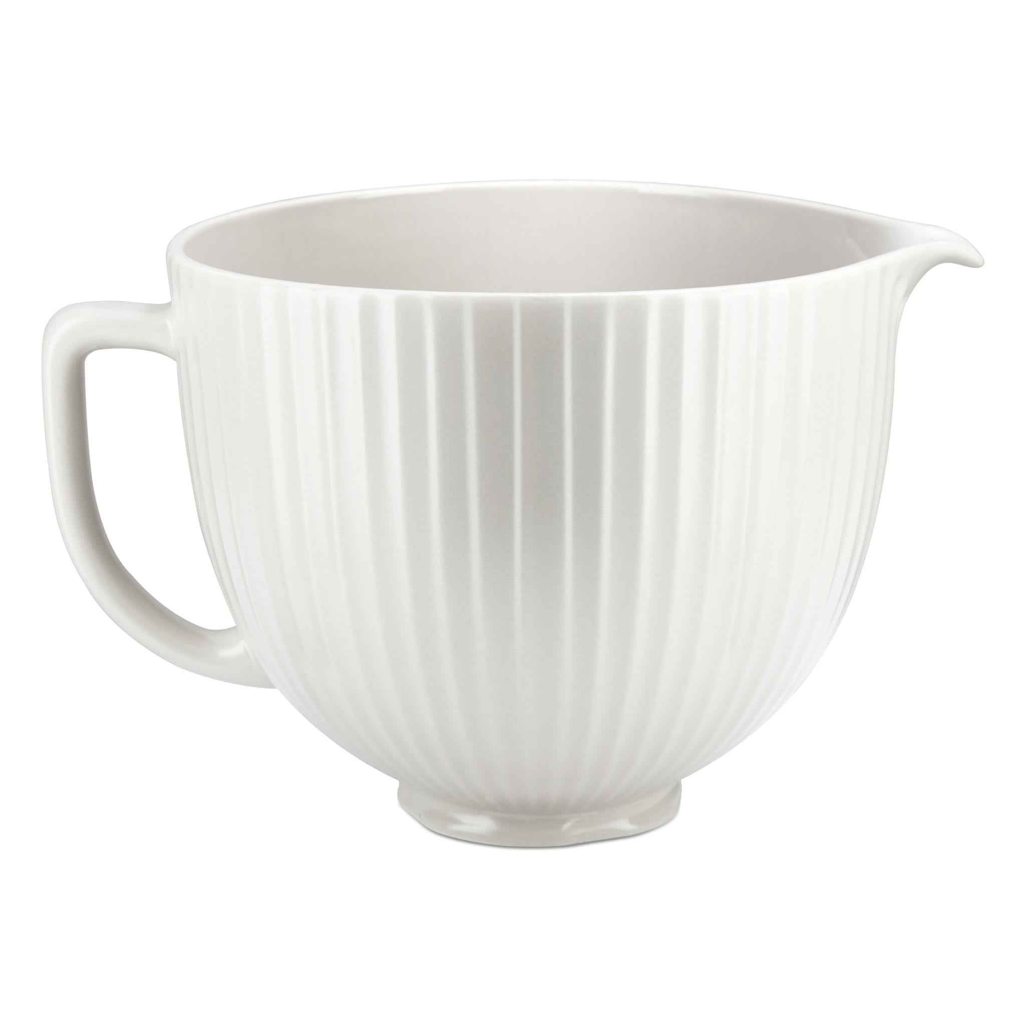 White ceramic stand mixer bowl with ridged exterior and side handle