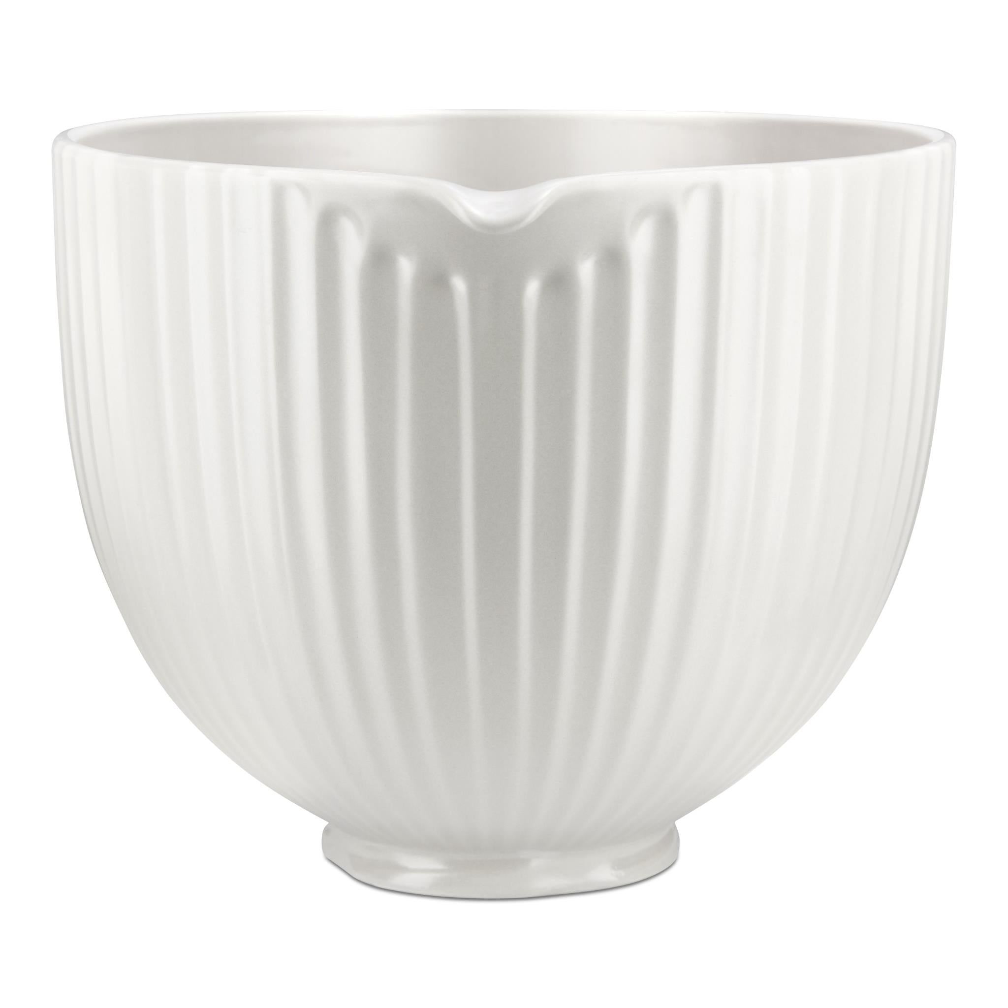 White ceramic stand mixer bowl with ridged texture and curved rim