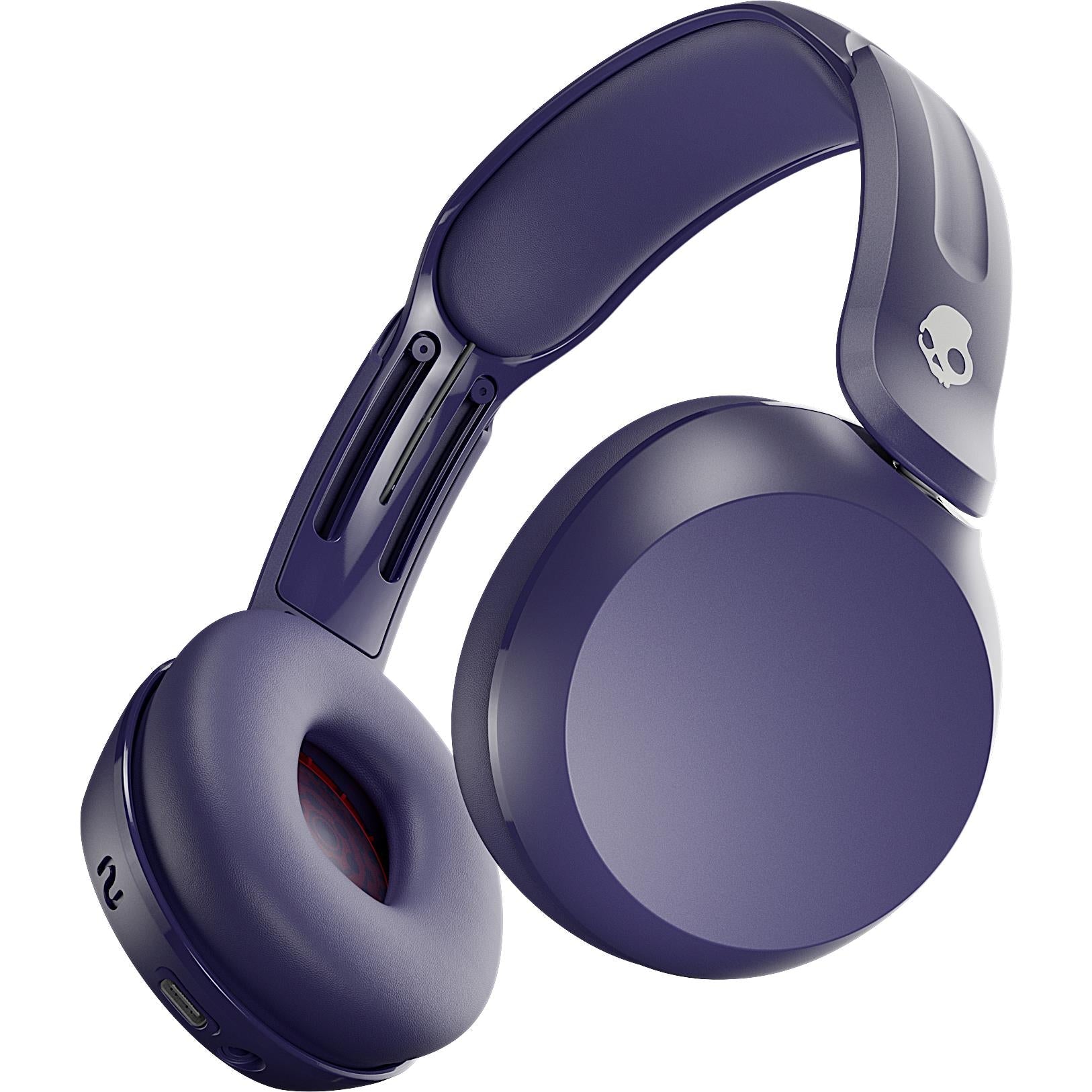 Wireless over-ear headphones in dark purple and gray, cushioned ear cups with skull logo