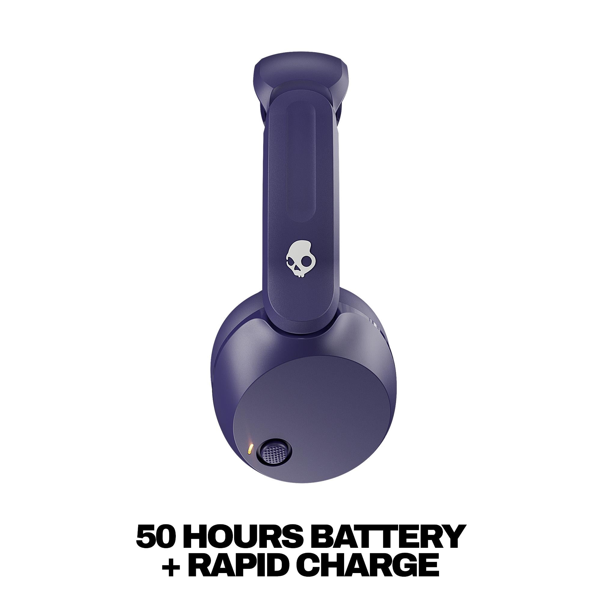 Wireless over-ear headphones with padded headband and ear cups, dark purple finish