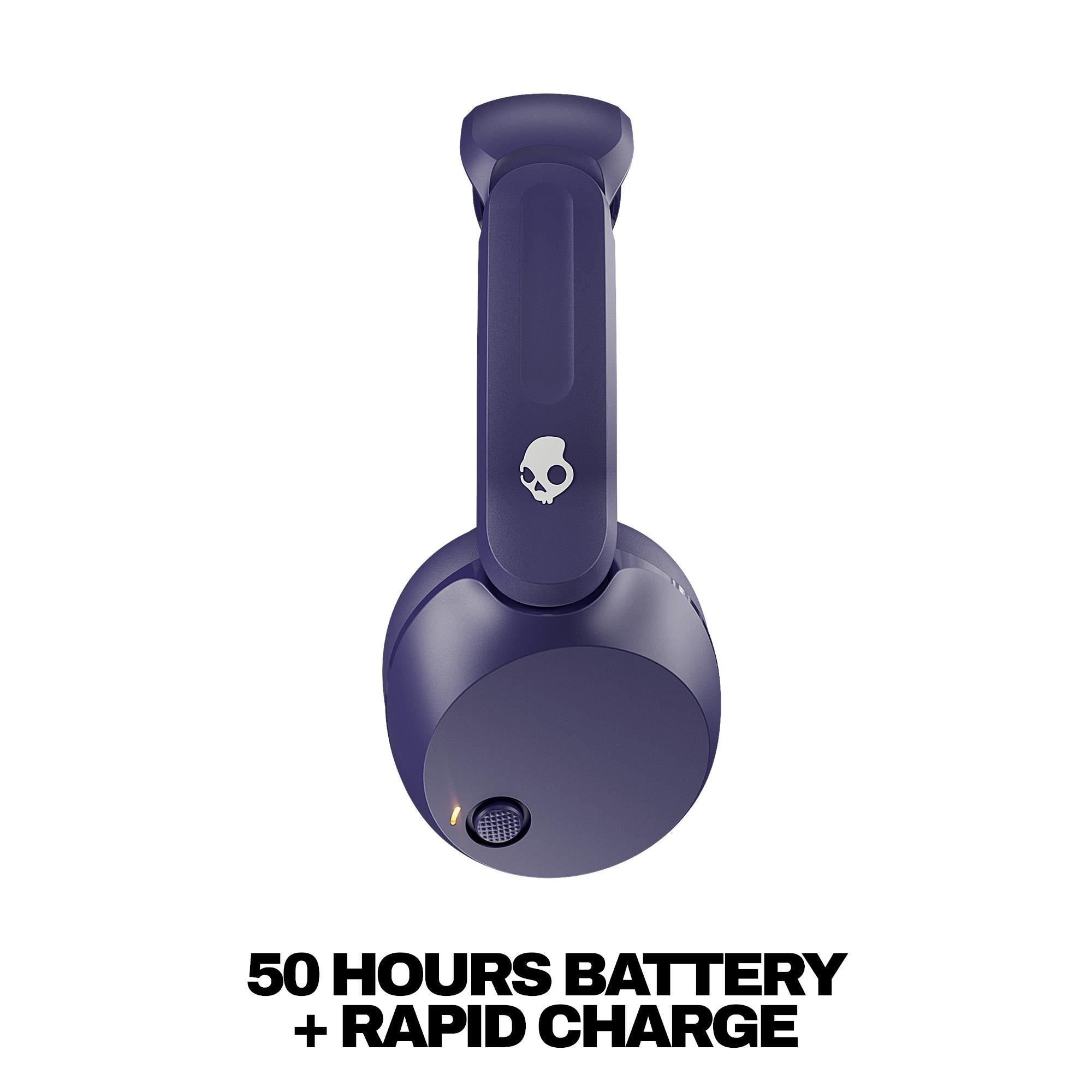 Wireless over-ear headphones front view, dark purple ear cups and padded headband