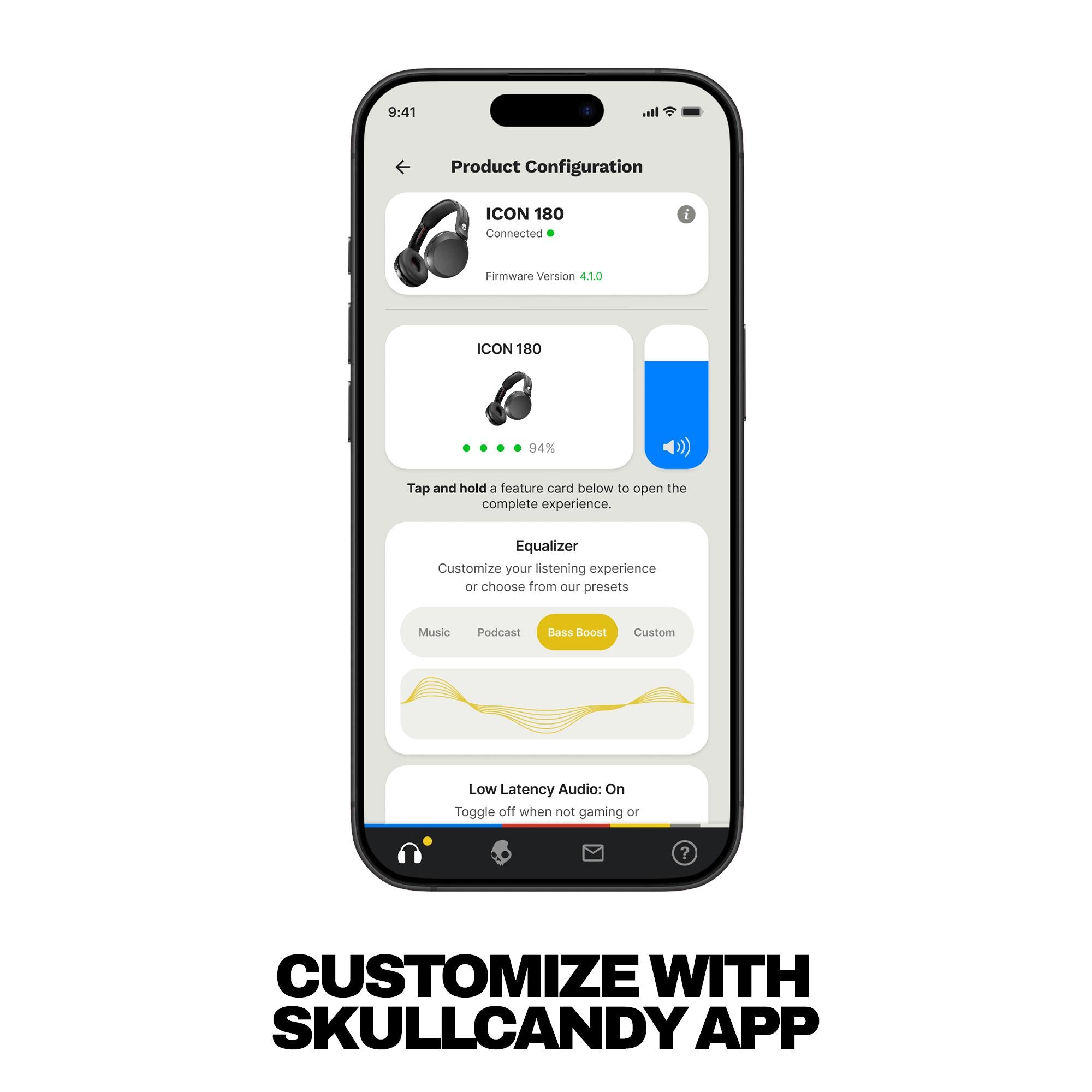 Wireless headphones app screen on a phone showing headphone customization settings