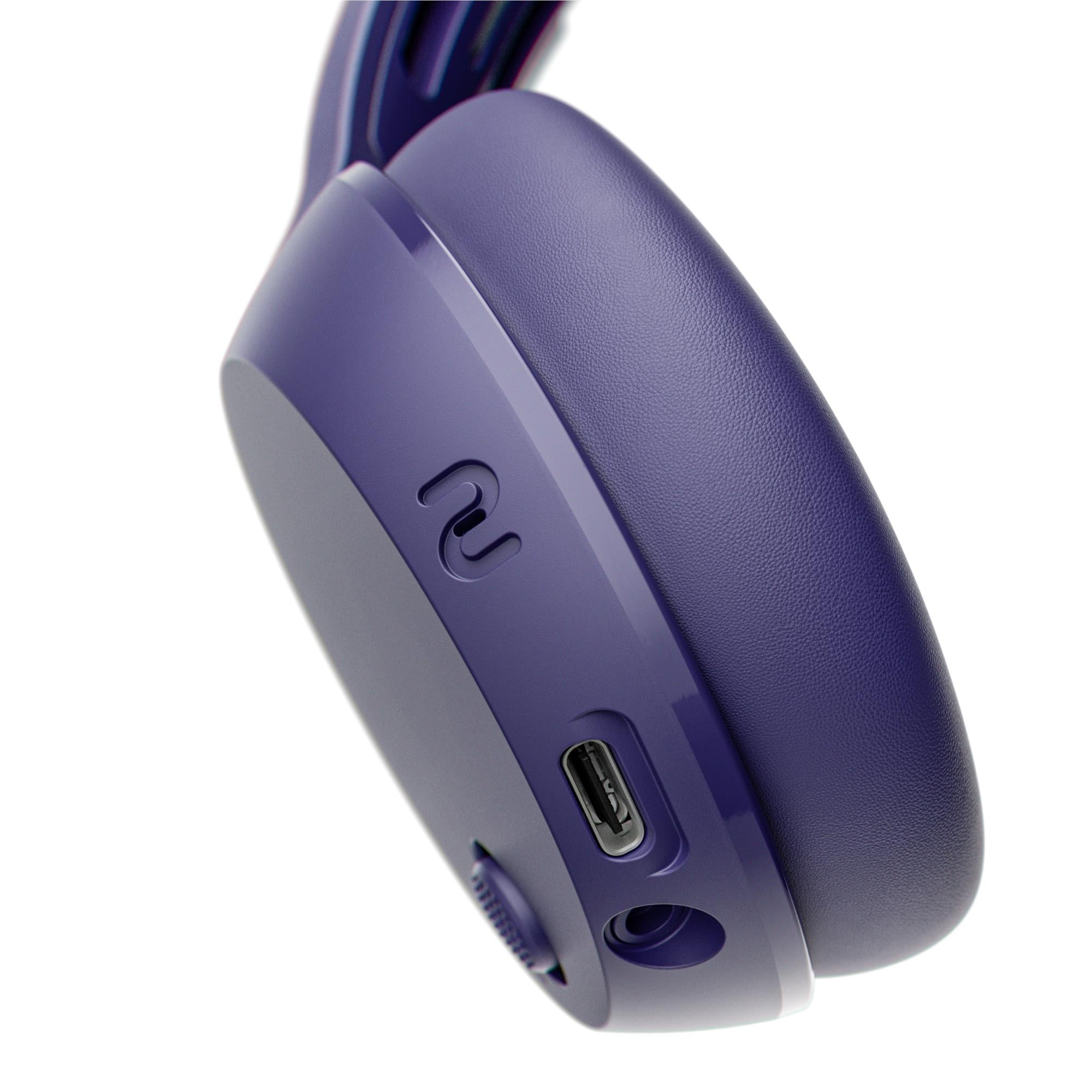 Close-up of headphone ear cup ports, including USB-C and button controls in dark purple