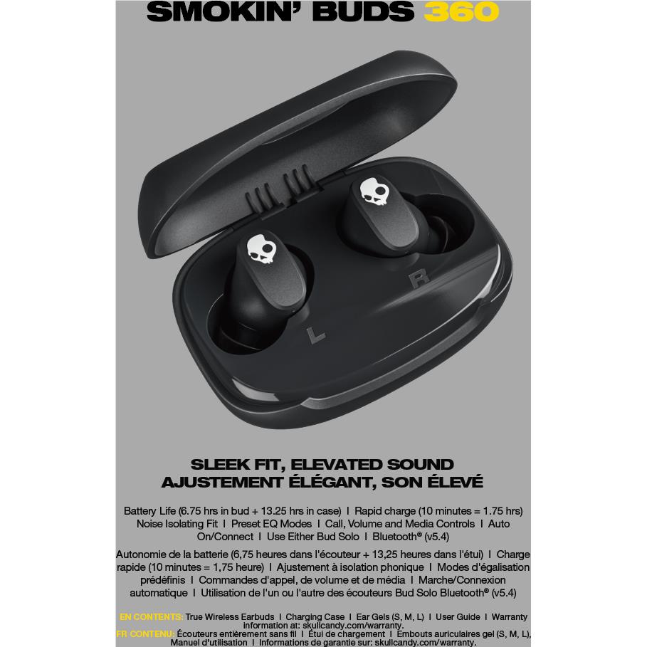 Skullcandy Smokin' Buds 360 true wireless earbuds in black with charging case, image 4 - In-Ear Headphones & Earbuds at Tech Supply Shed NZ