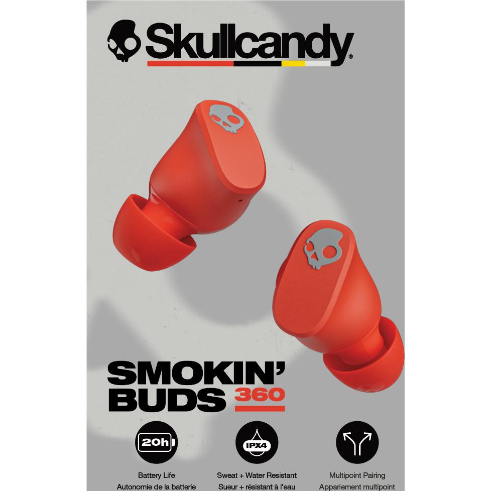Skullcandy Smokin' Buds 360 true wireless earbuds in plasma red with charging case, image 3 - In-Ear Headphones & Earbuds at Tech Supply Shed NZ