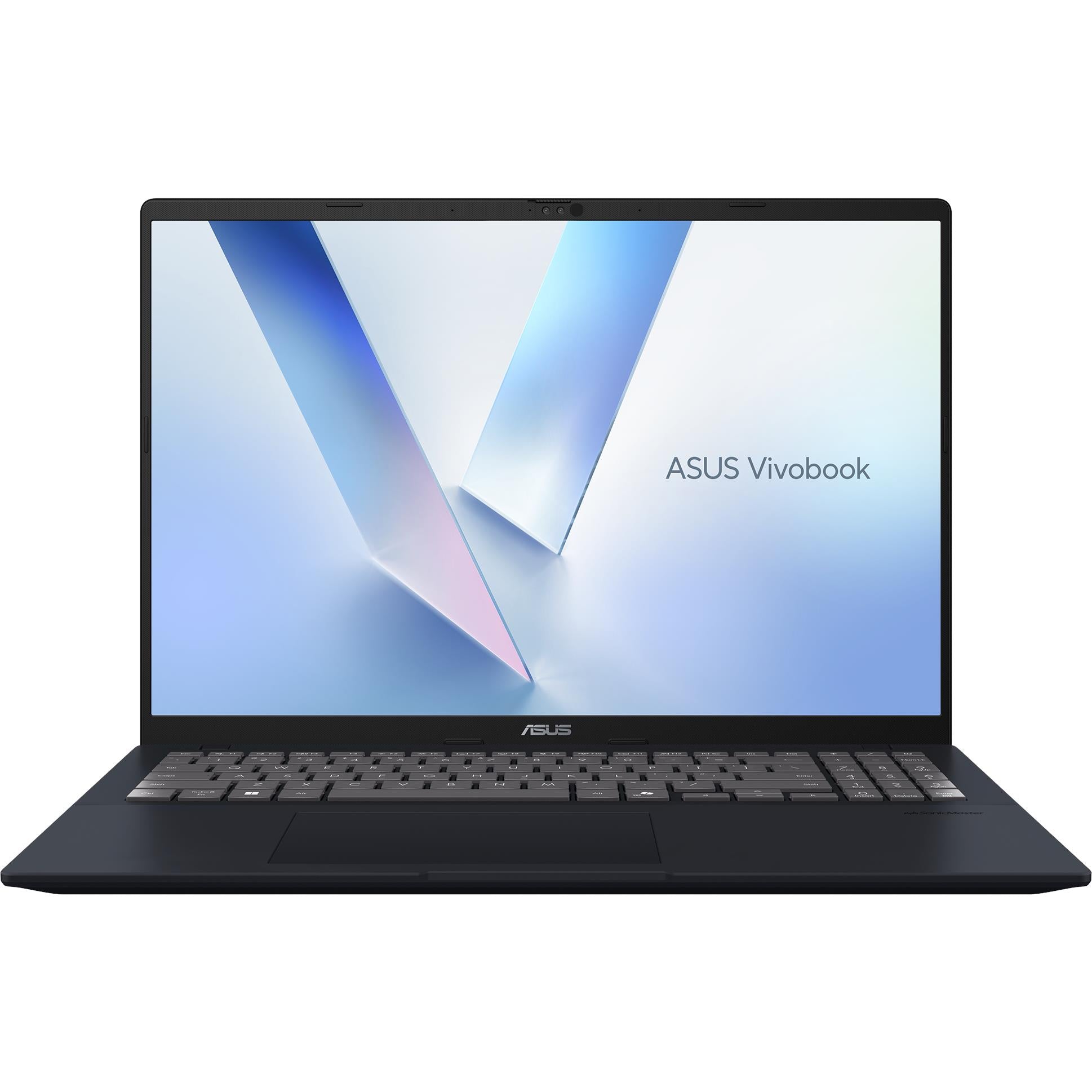 ASUS Vivobook laptop with dark chassis, blue V-pattern screen, and full keyboard deck