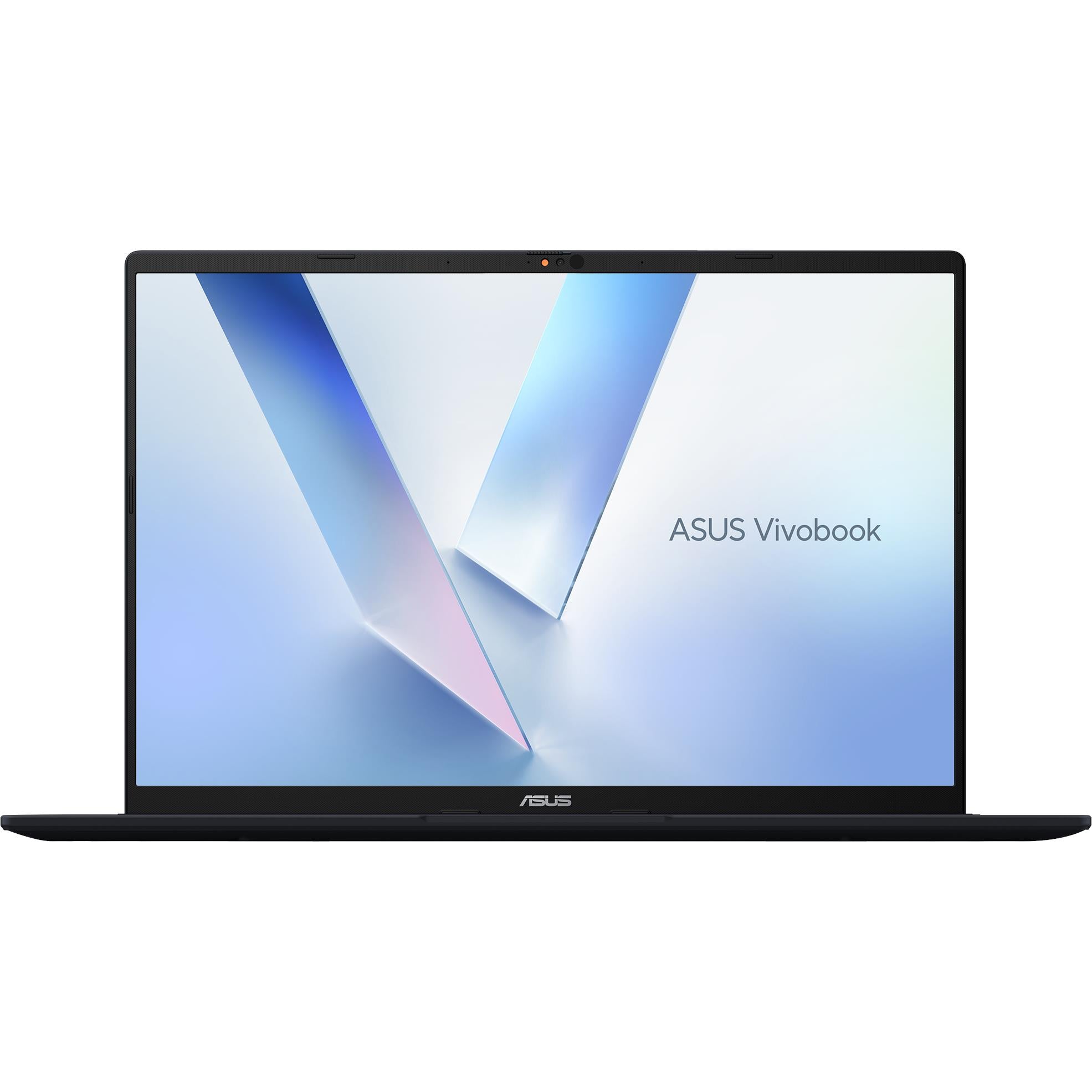 ASUS Vivobook laptop front view with blue V-pattern display and centered hinge area