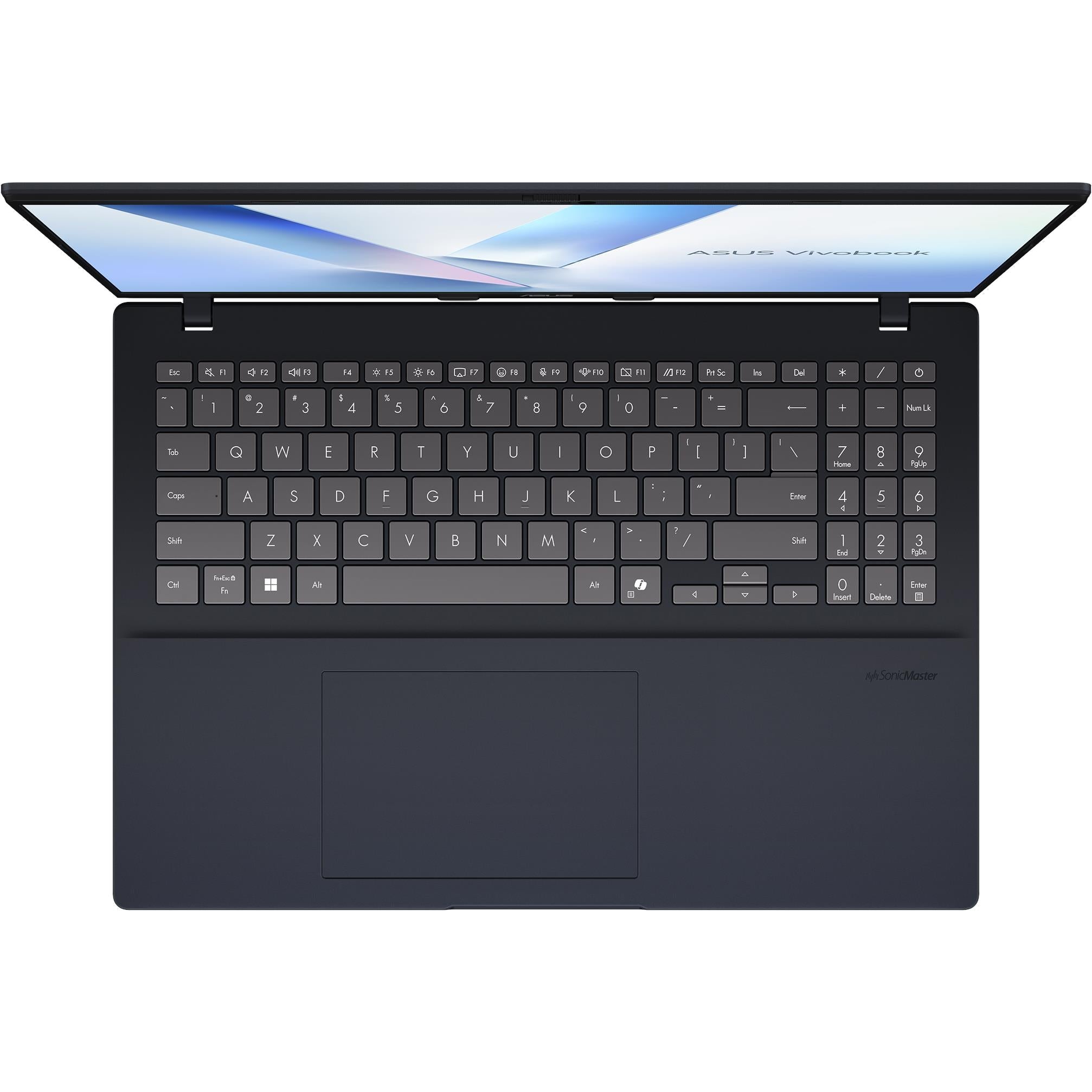 ASUS Vivobook laptop top view showing keyboard and large touchpad with palm rest