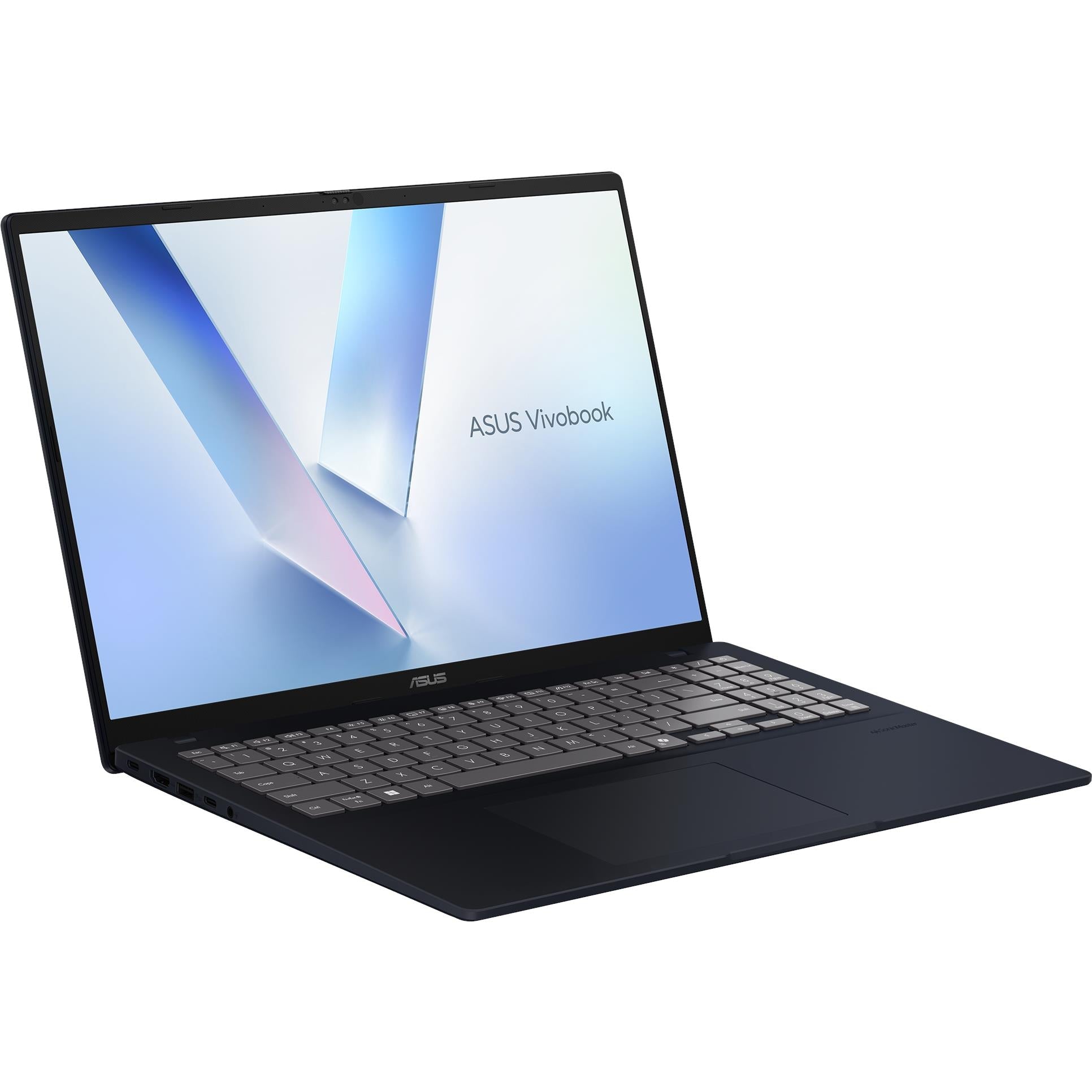ASUS Vivobook laptop open at an angle with blue V-pattern screen and black keyboard