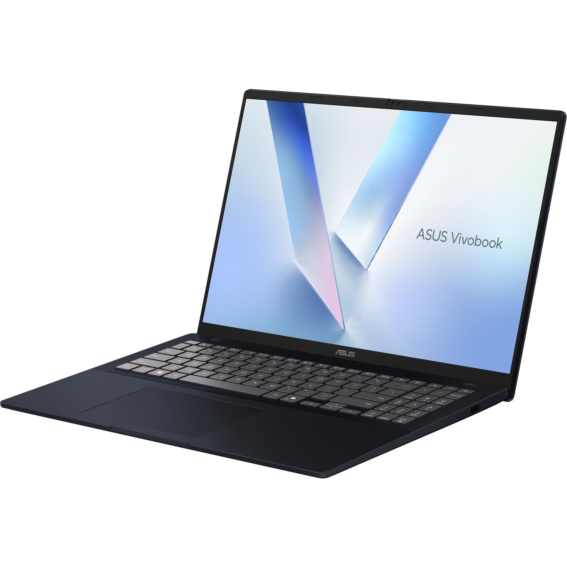 ASUS Vivobook laptop open, showing blue V-pattern display and full-size keyboard