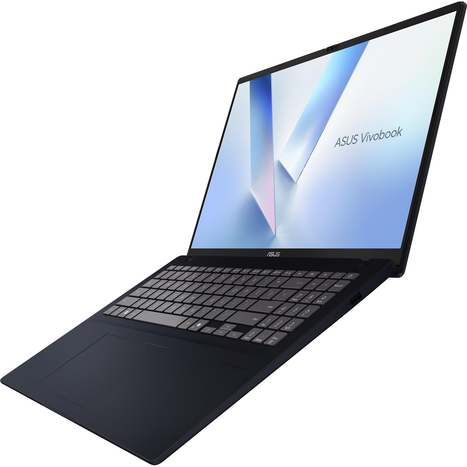 ASUS Vivobook laptop open from side angle with blue V-pattern display and keyboard