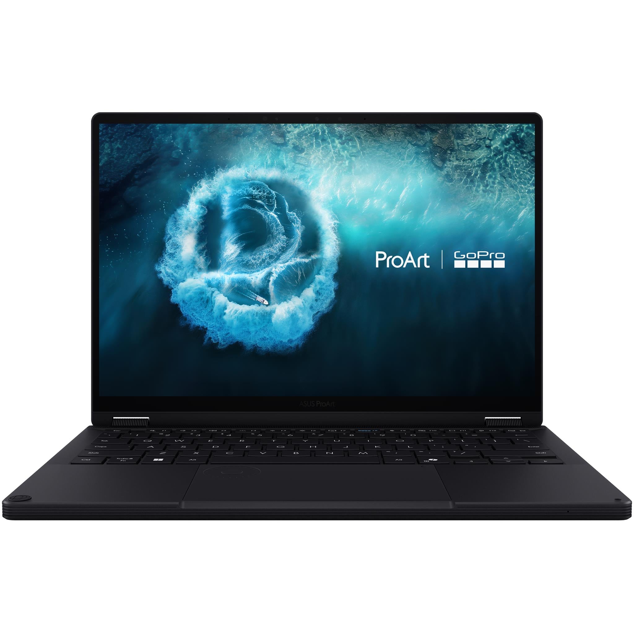 Black ASUS ProArt laptop with open screen and visible keyboard