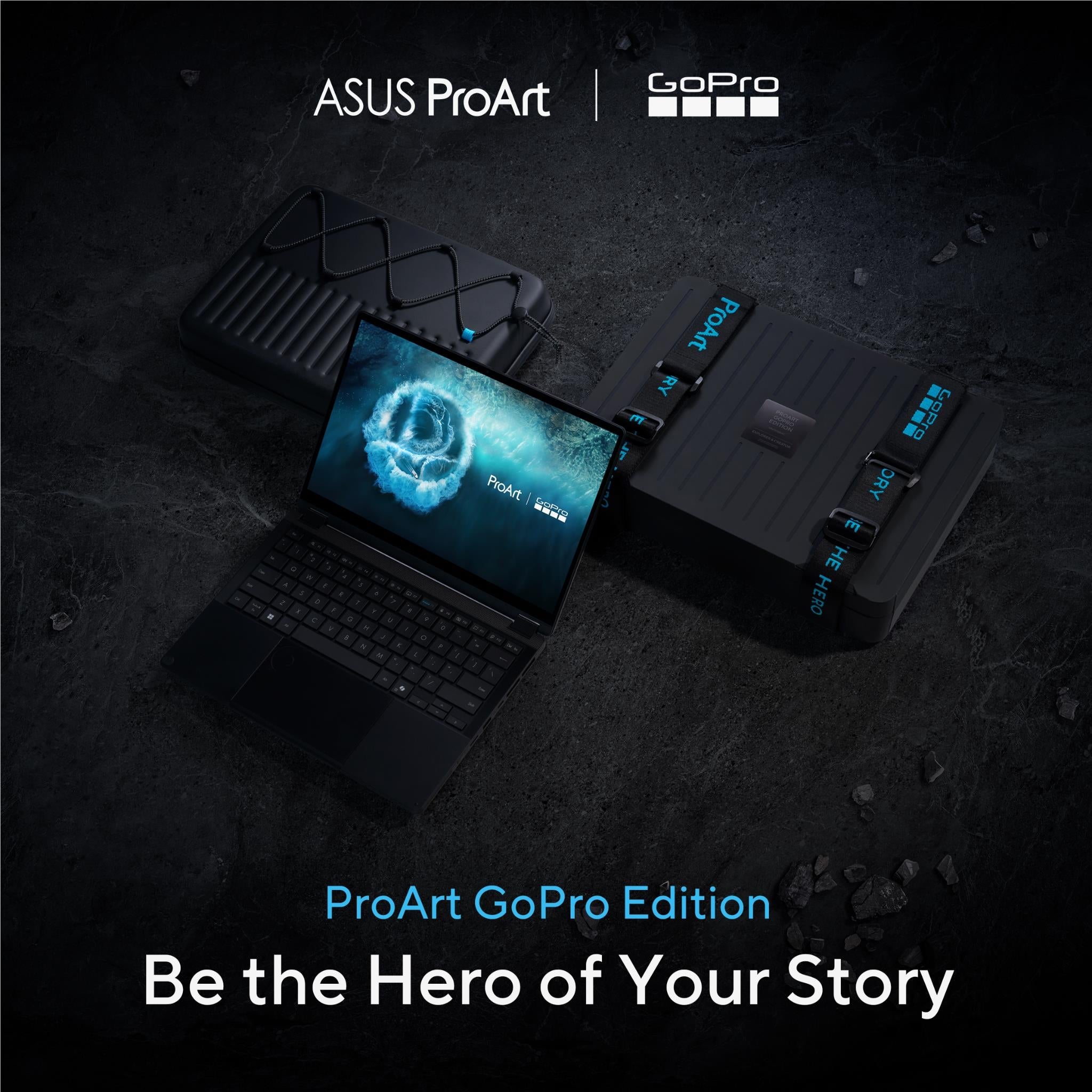 ASUS ProArt laptop angled with tablet-style screen and GoPro Edition branding