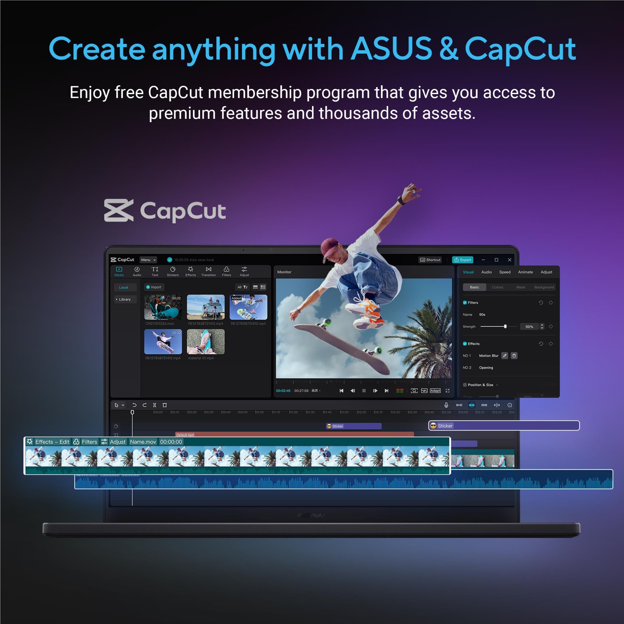 Black laptop with screen showing video editing timeline and tools