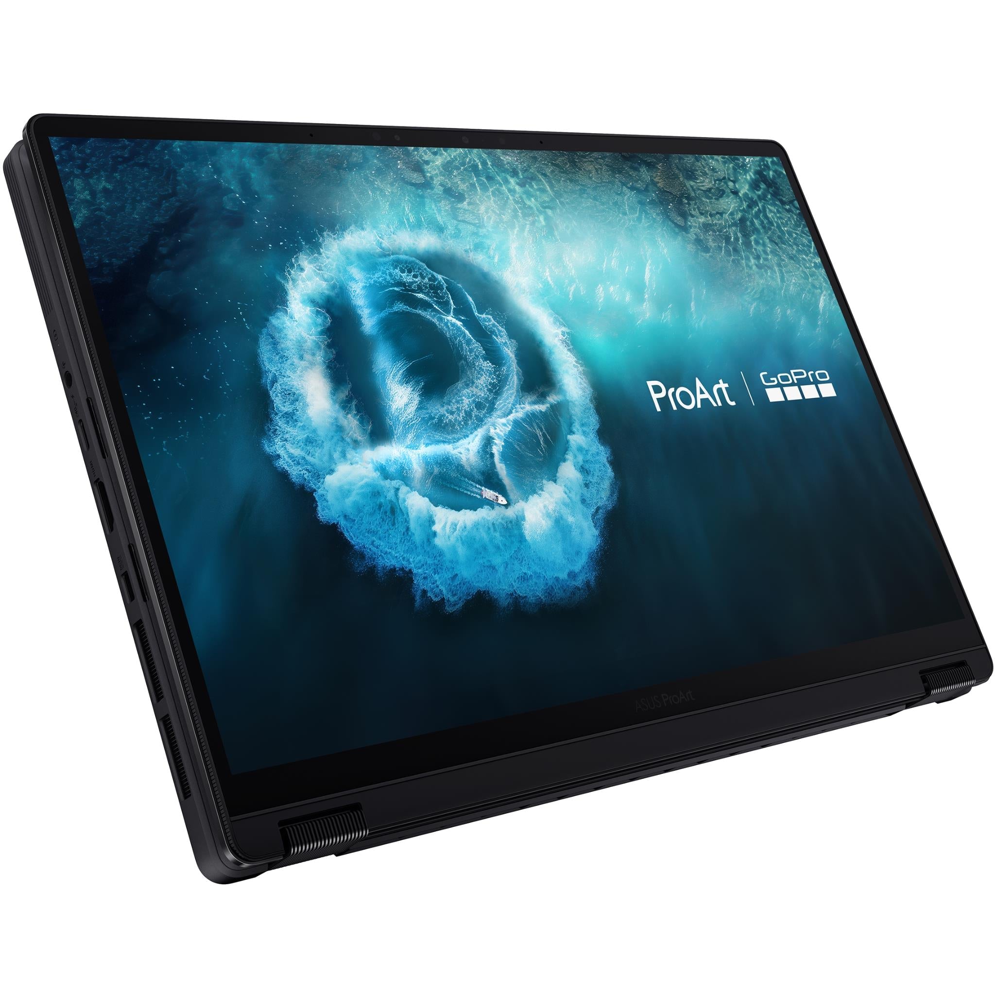 Black tablet-style laptop with blue swirling display and ProArt GoPro logo