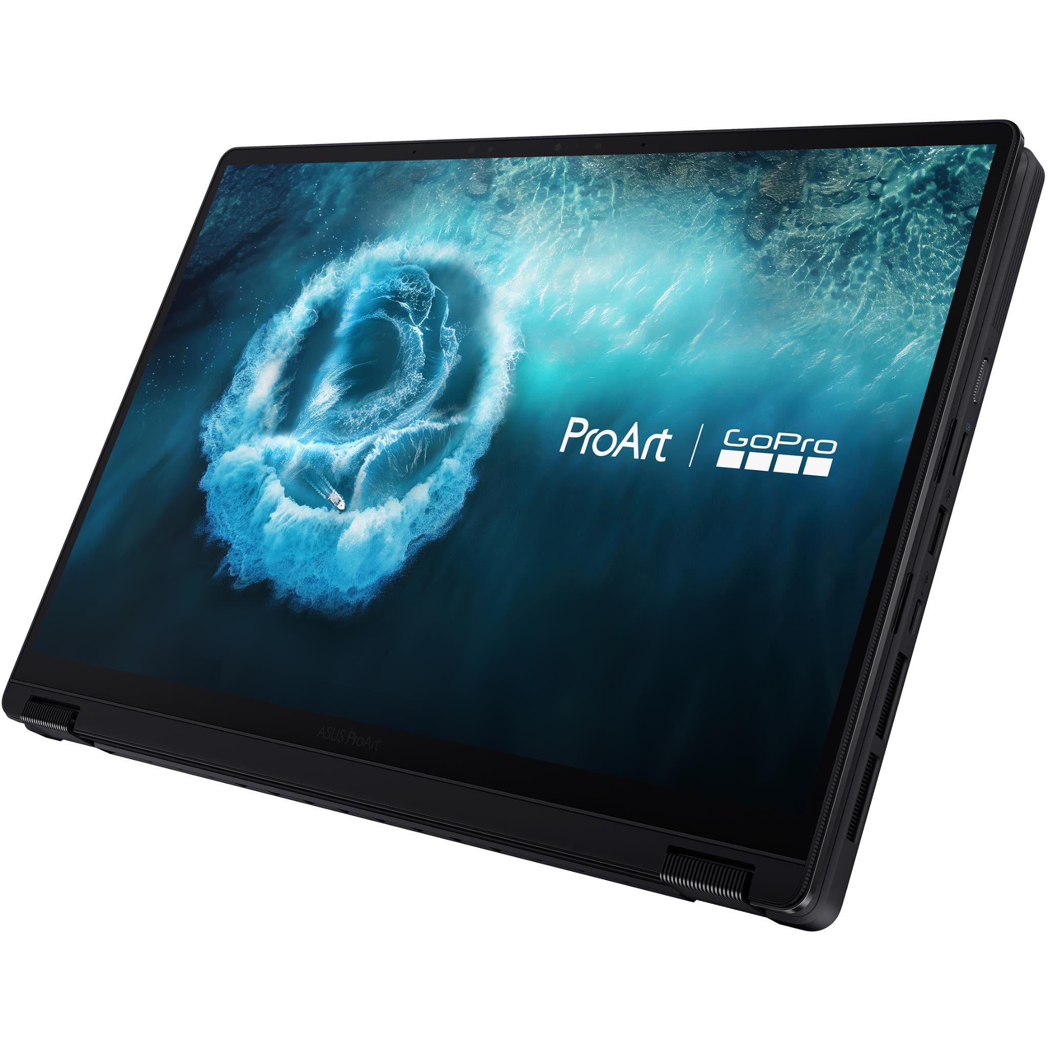 Black tablet-style laptop with diagonal view, blue ocean display and logos