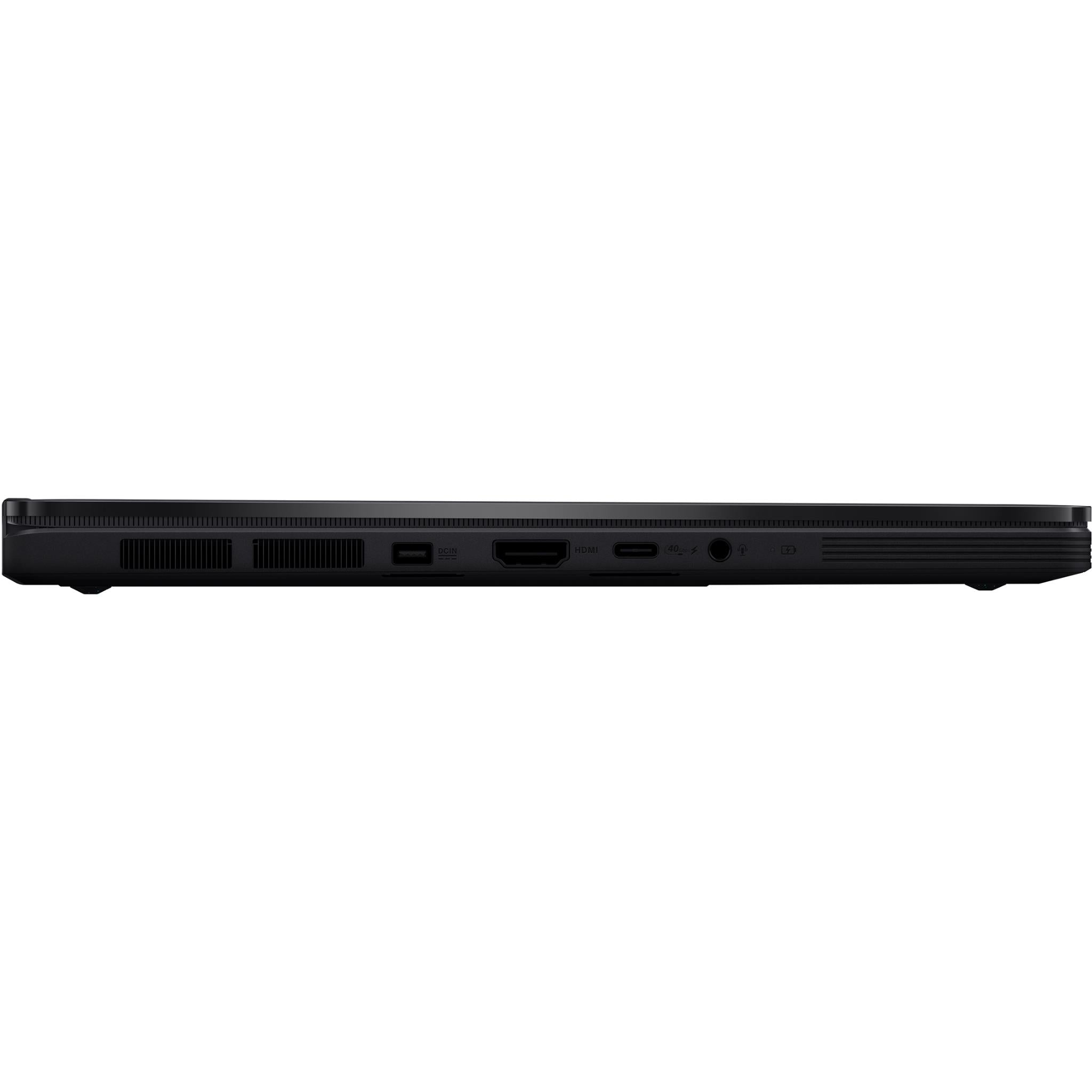 Black laptop side view with vent grille and visible ports