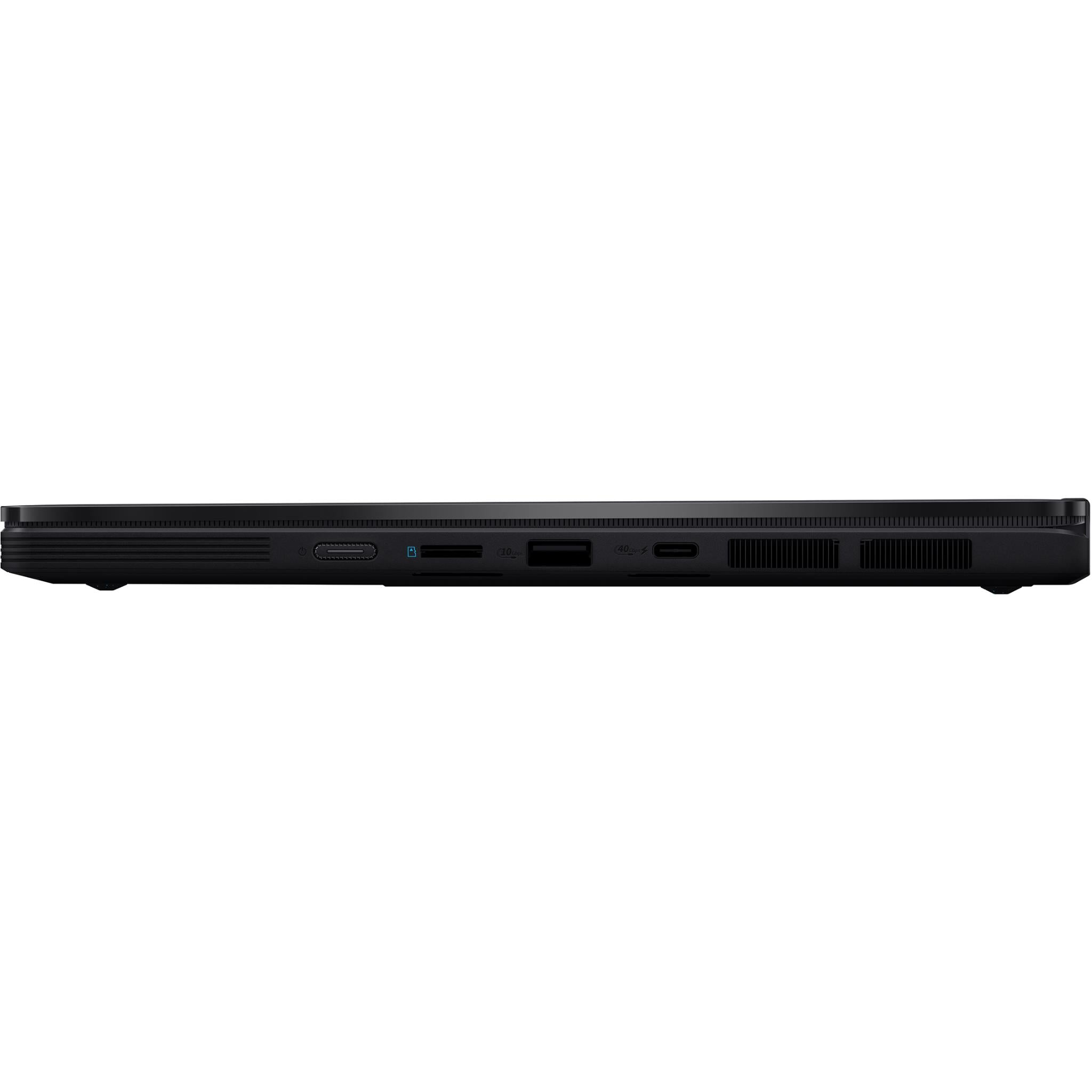 Black laptop side profile showing power port, USB ports, and vents