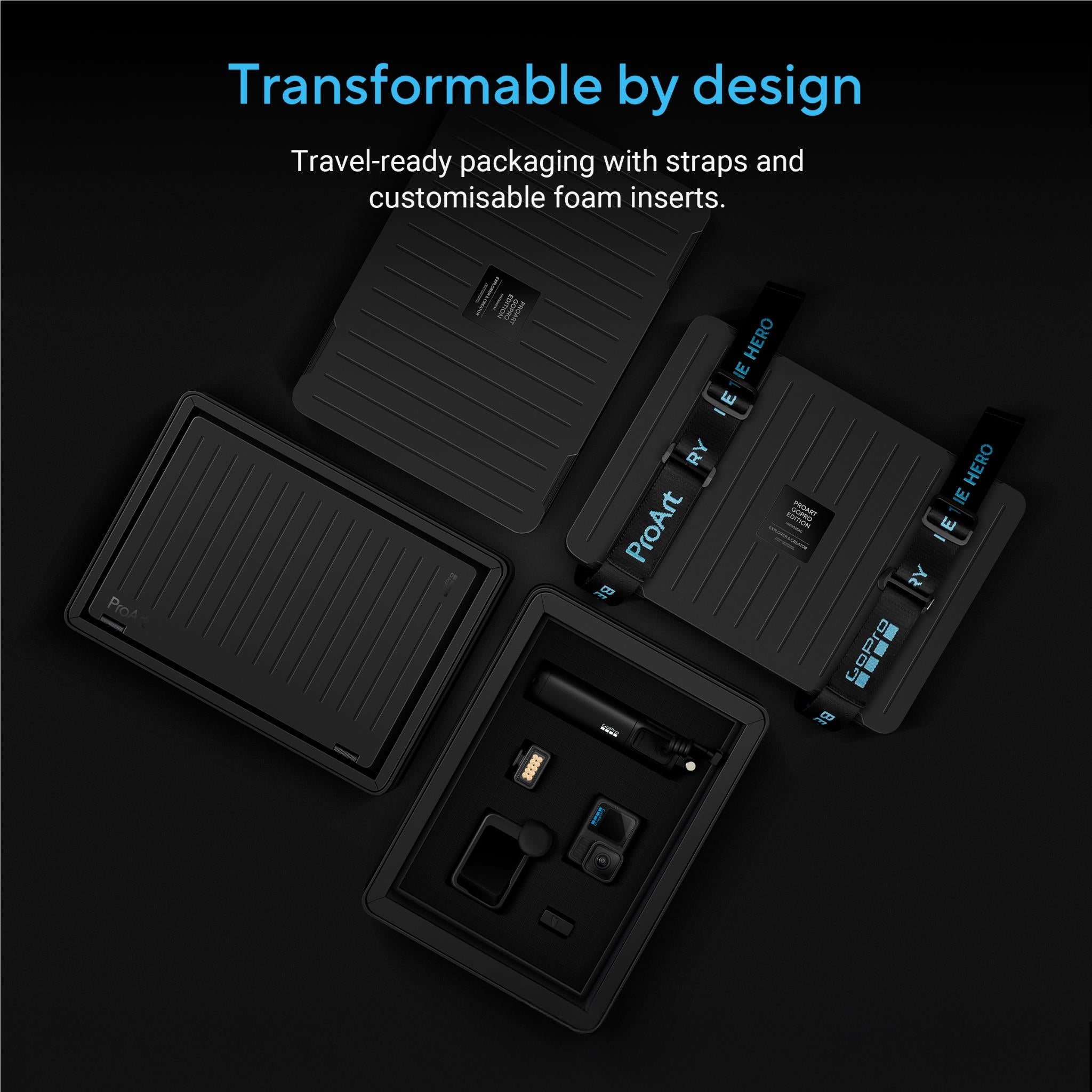 Black travel case with foam inserts, straps, and compartments for devices