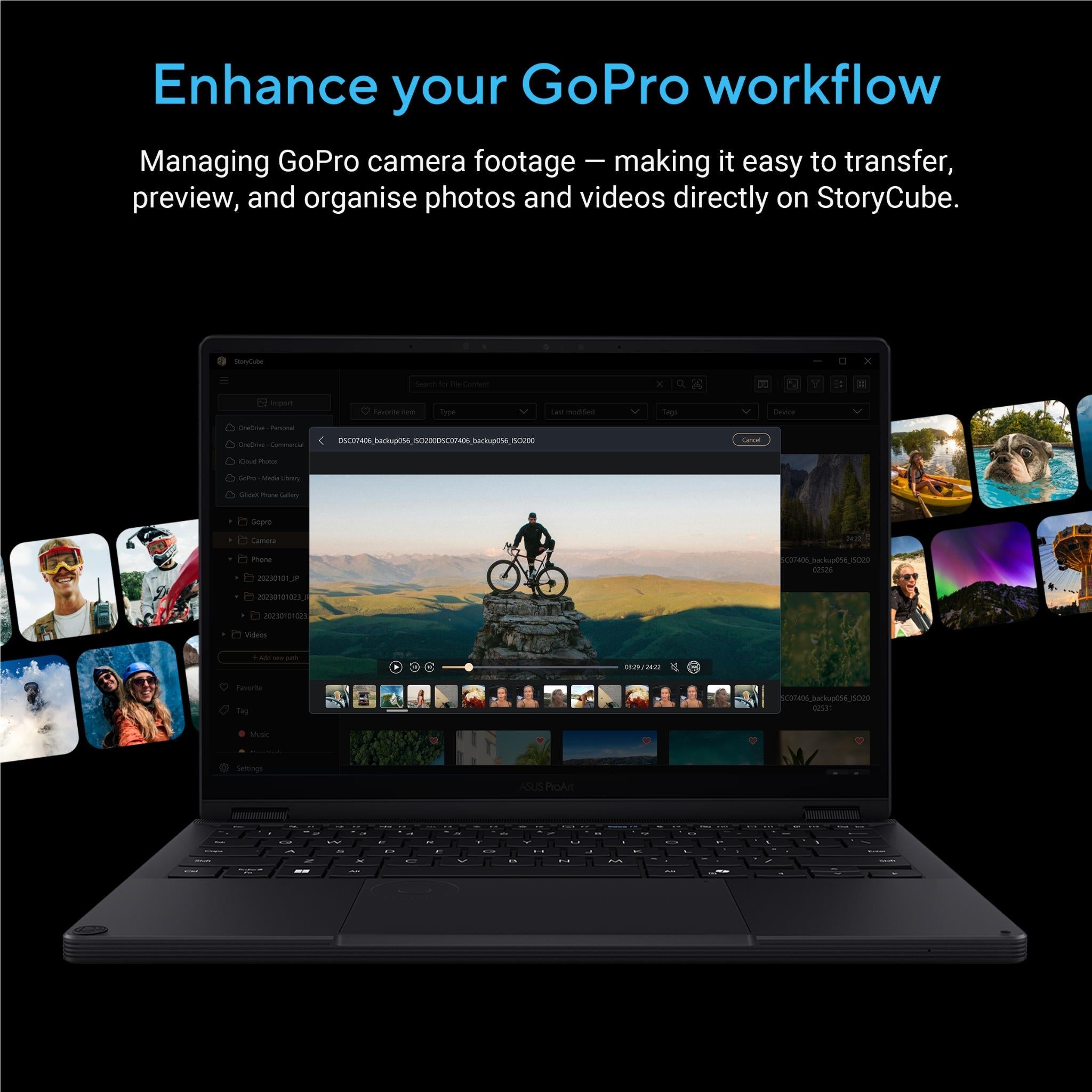 Black laptop displaying photo and video editing interface with media thumbnails