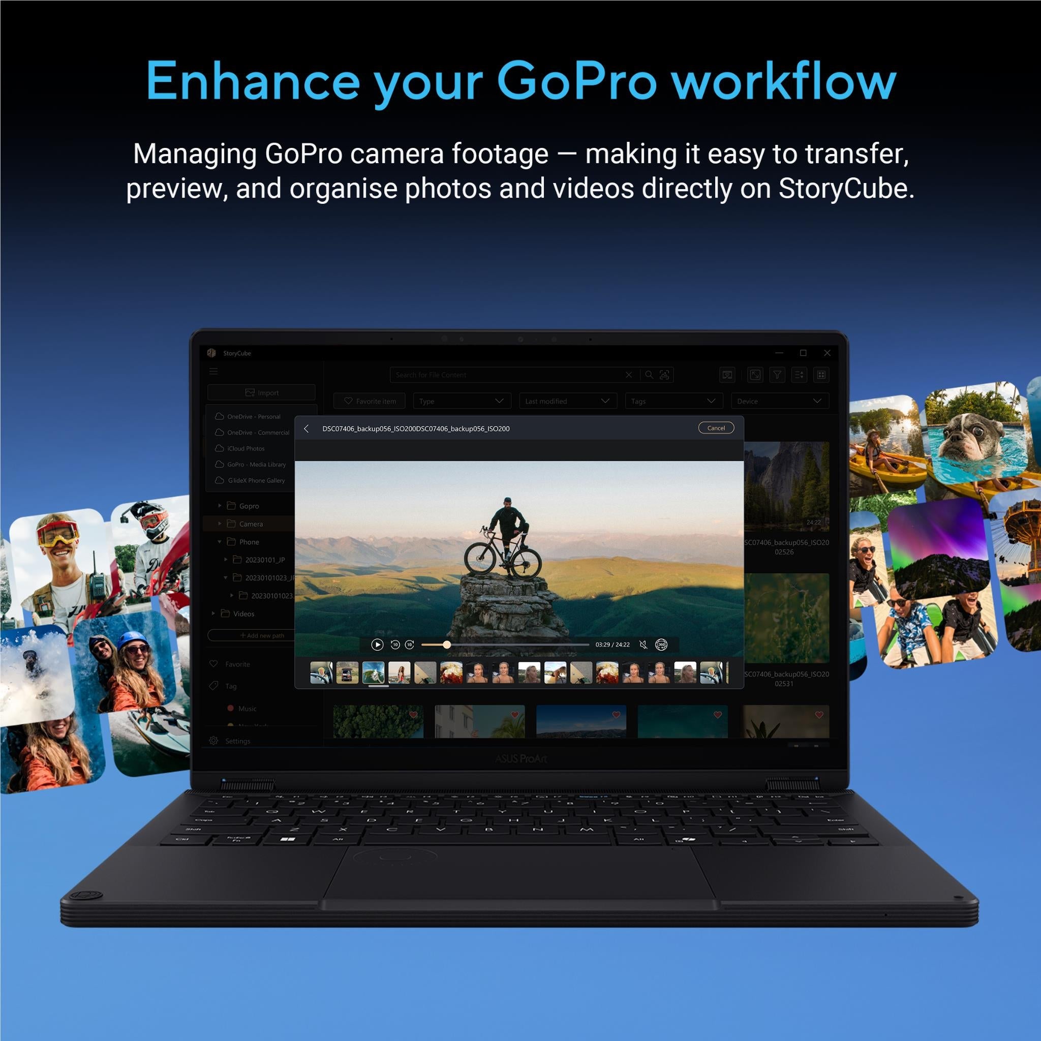 Black laptop showing an editing timeline and preview window with thumbnails