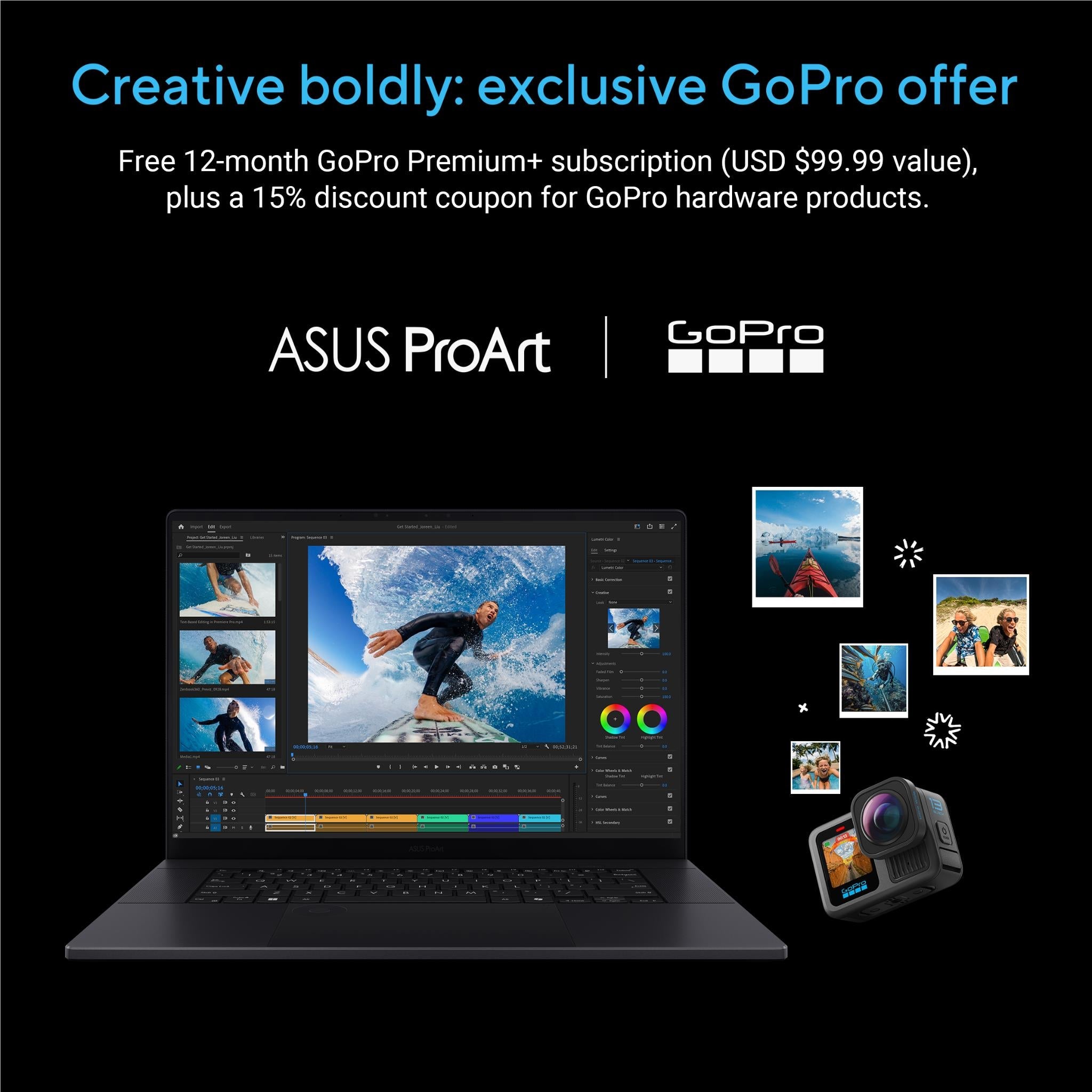 ASUS ProArt laptop with editing screen and GoPro offer graphics