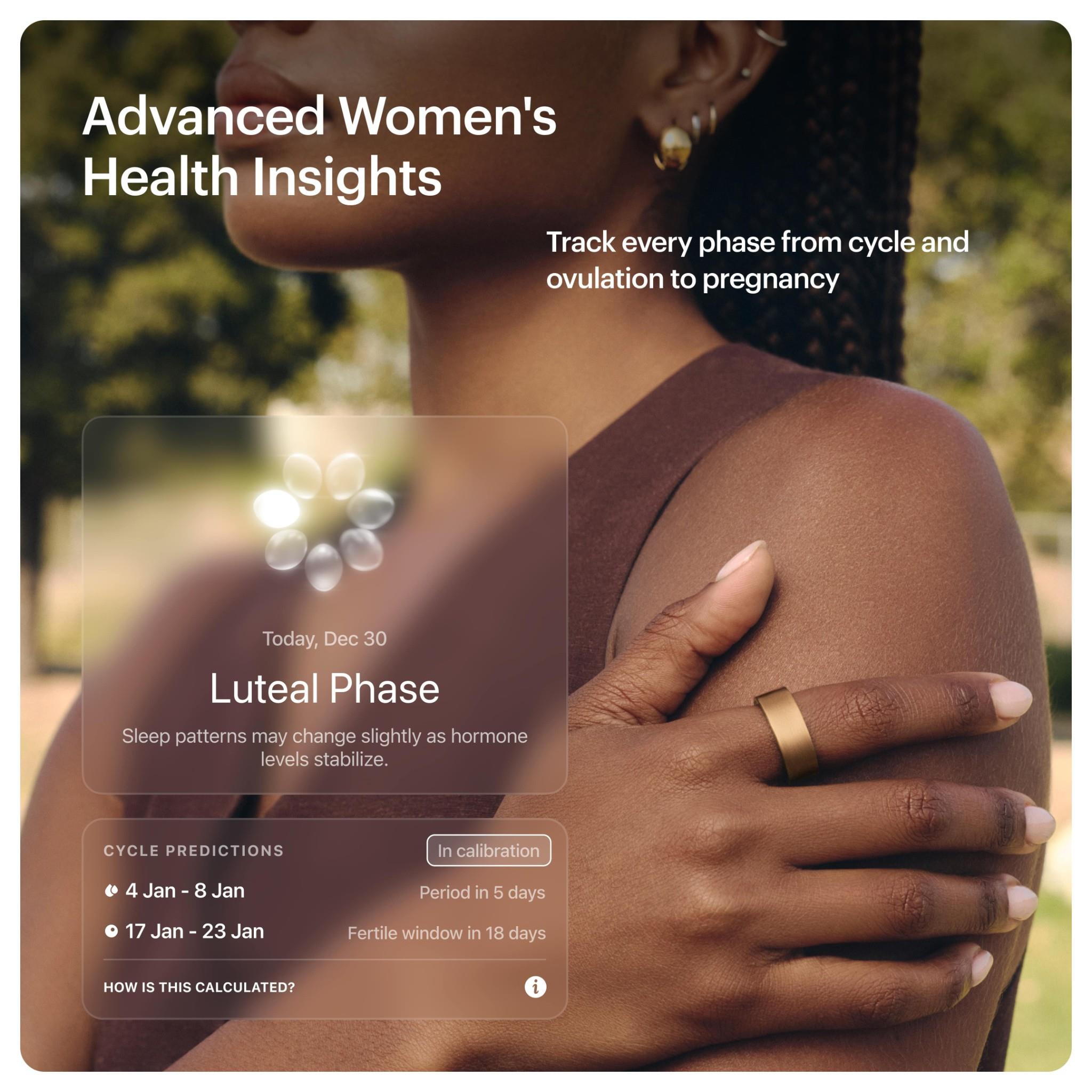 Rose gold smart ring on shoulder-level hand with cycle insights card