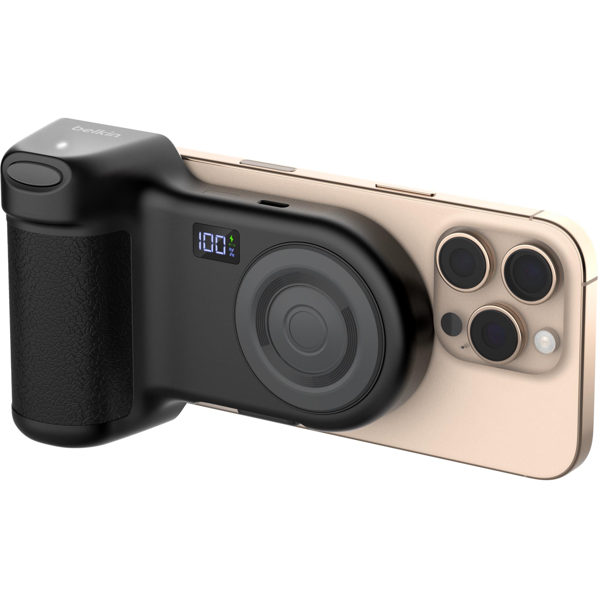 Charcoal camera grip power bank with grip handle and display, for phone attachment
