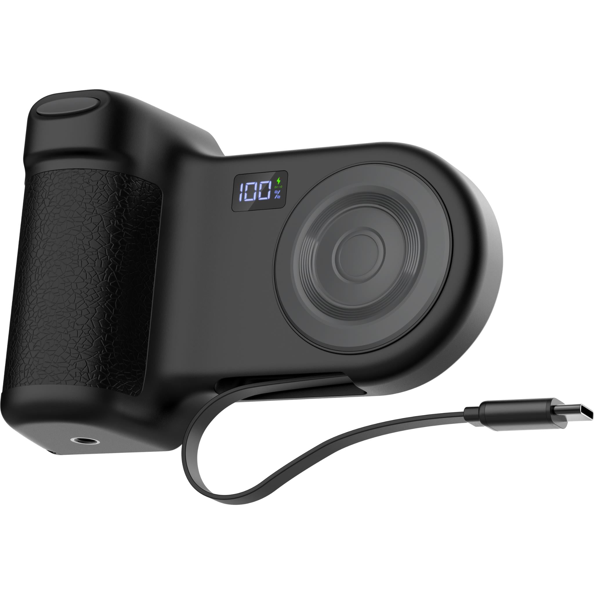 Charcoal camera grip power bank with integrated lens and USB cable, side view