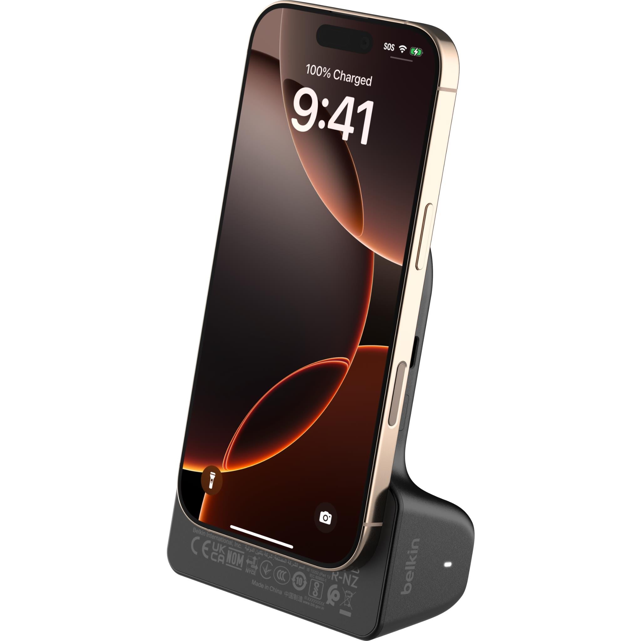 Charcoal power bank stand with grip base, phone charging with 100% charged screen