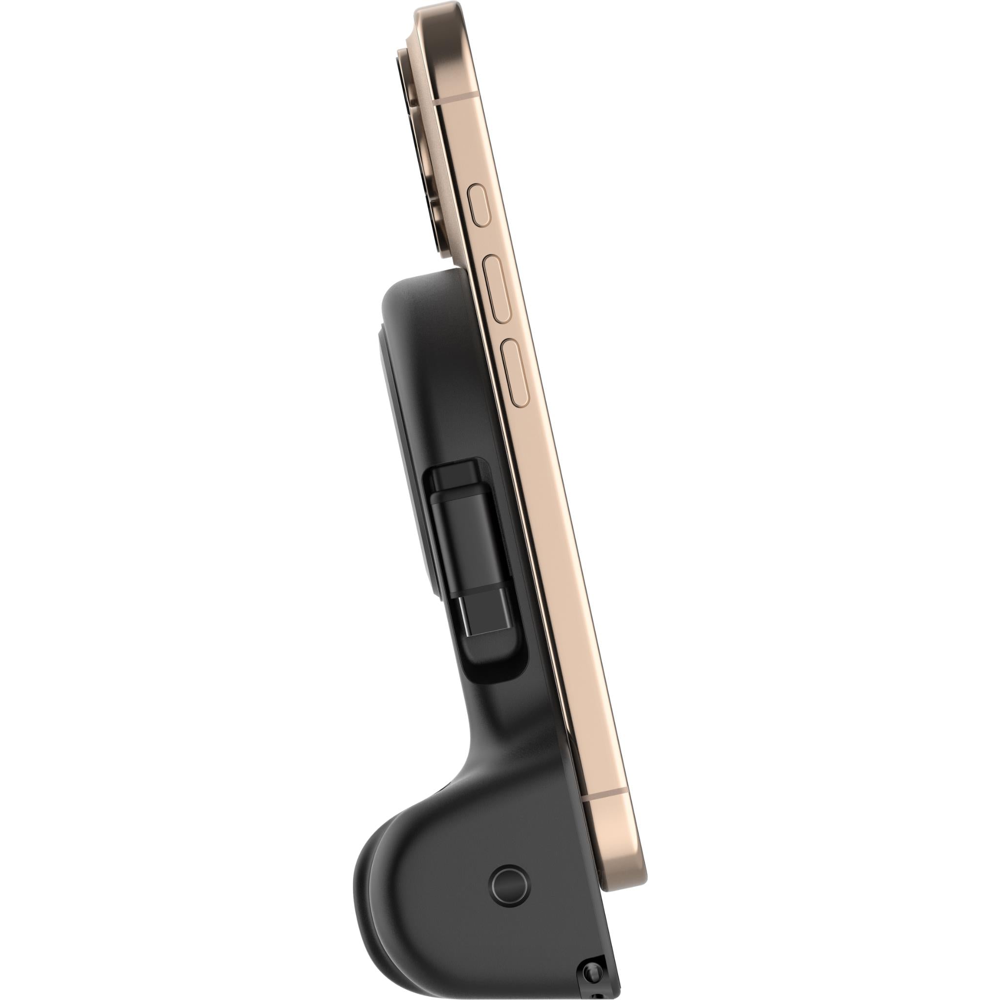 Charcoal power bank grip with side ports and extended base, profile view
