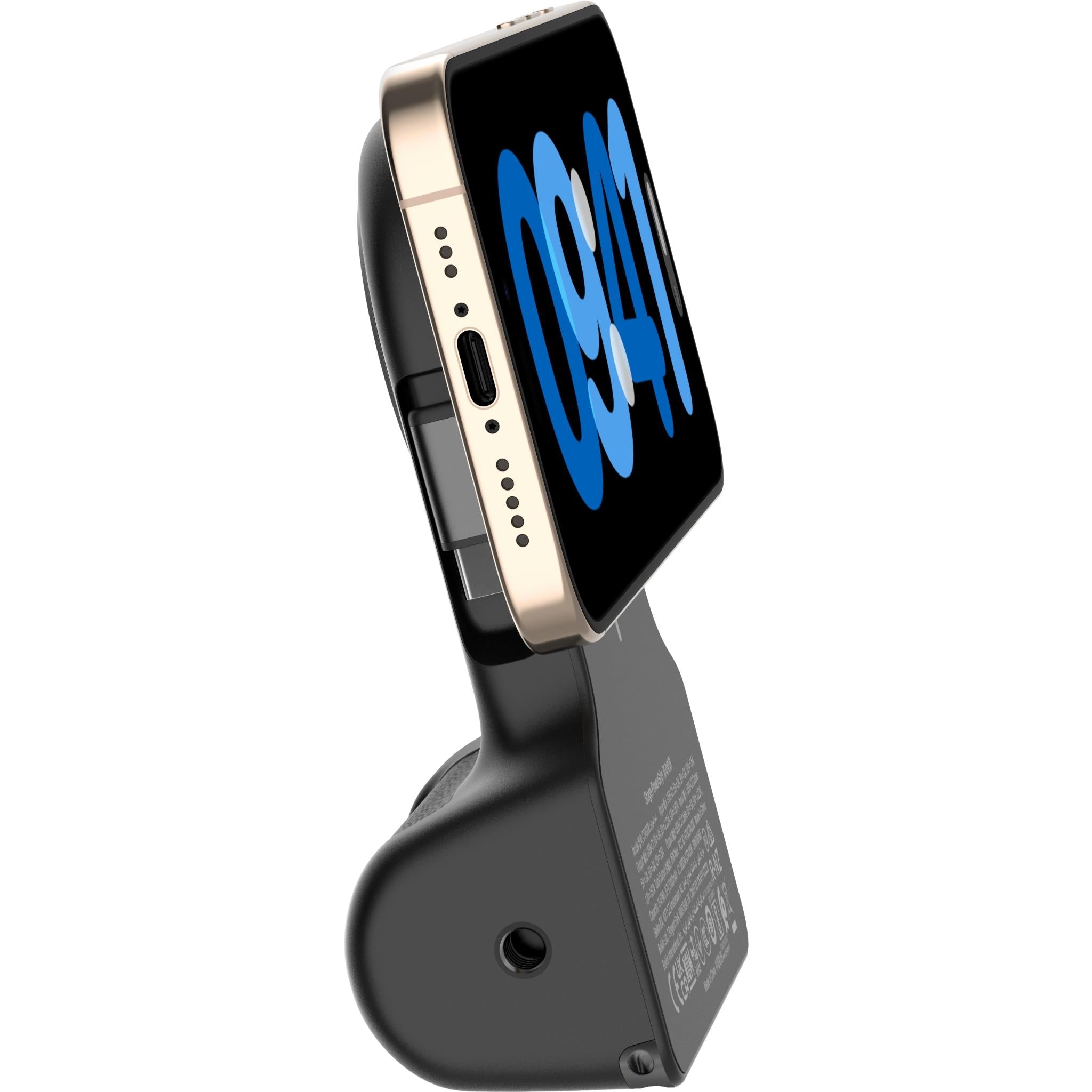 Charcoal power bank grip stand supporting a phone during charging, angled view