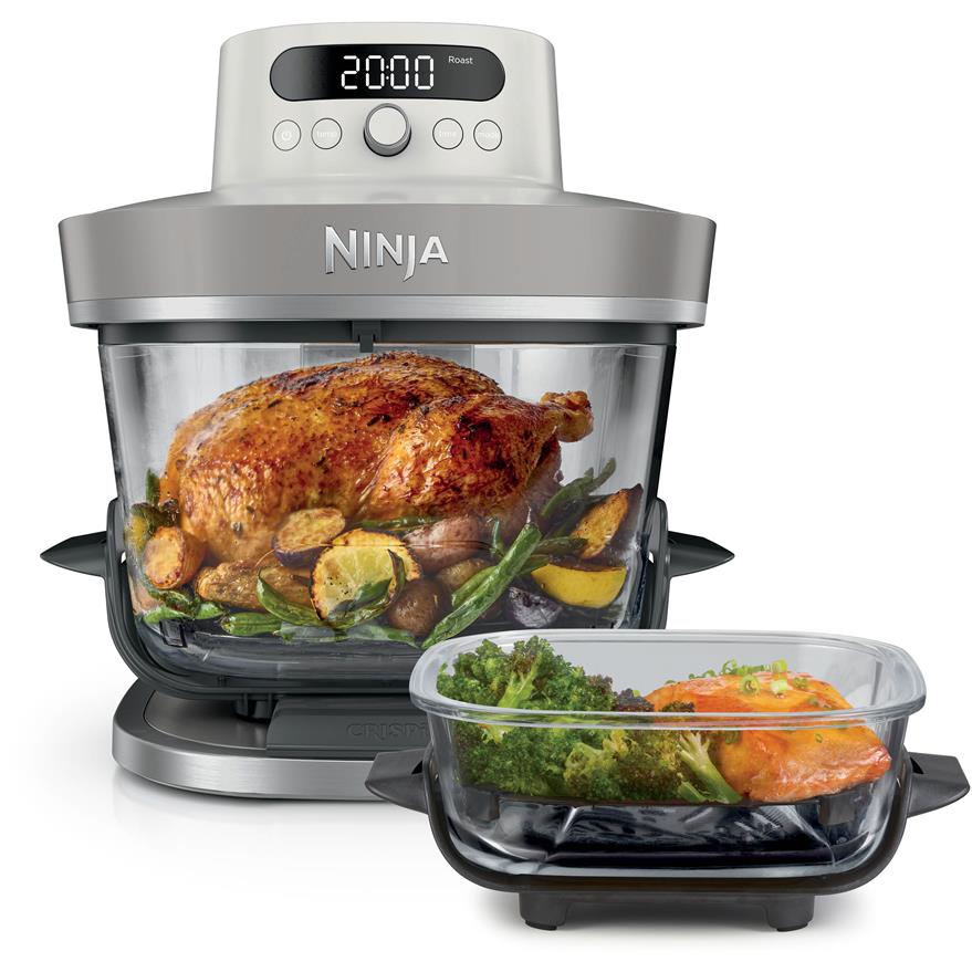 Ninja glass air fryer running mode with chicken and vegetables inside clear chamber