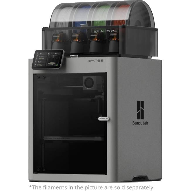 Enclosed grey 3D printer with touchscreen display and top AMS 2 unit