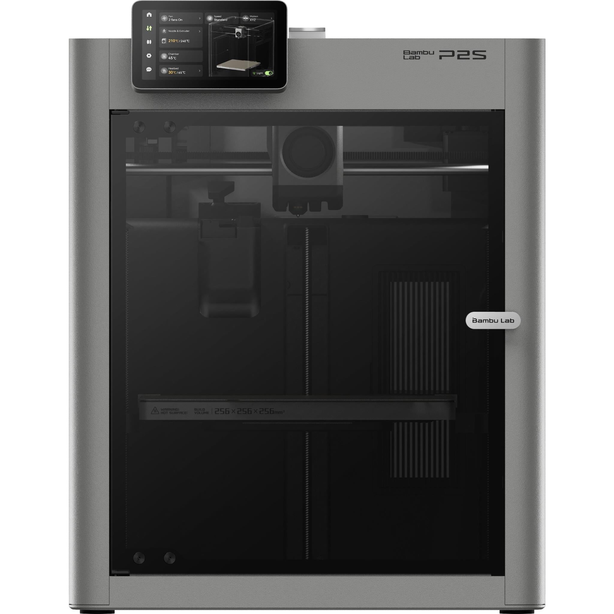 Enclosed grey 3D printer with black interior and mounted touchscreen