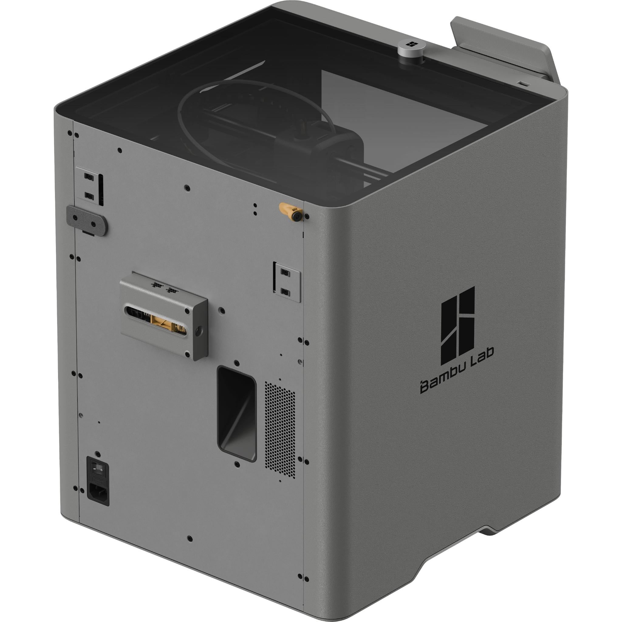 Grey enclosed 3D printer side view with USB and vent panel cutouts