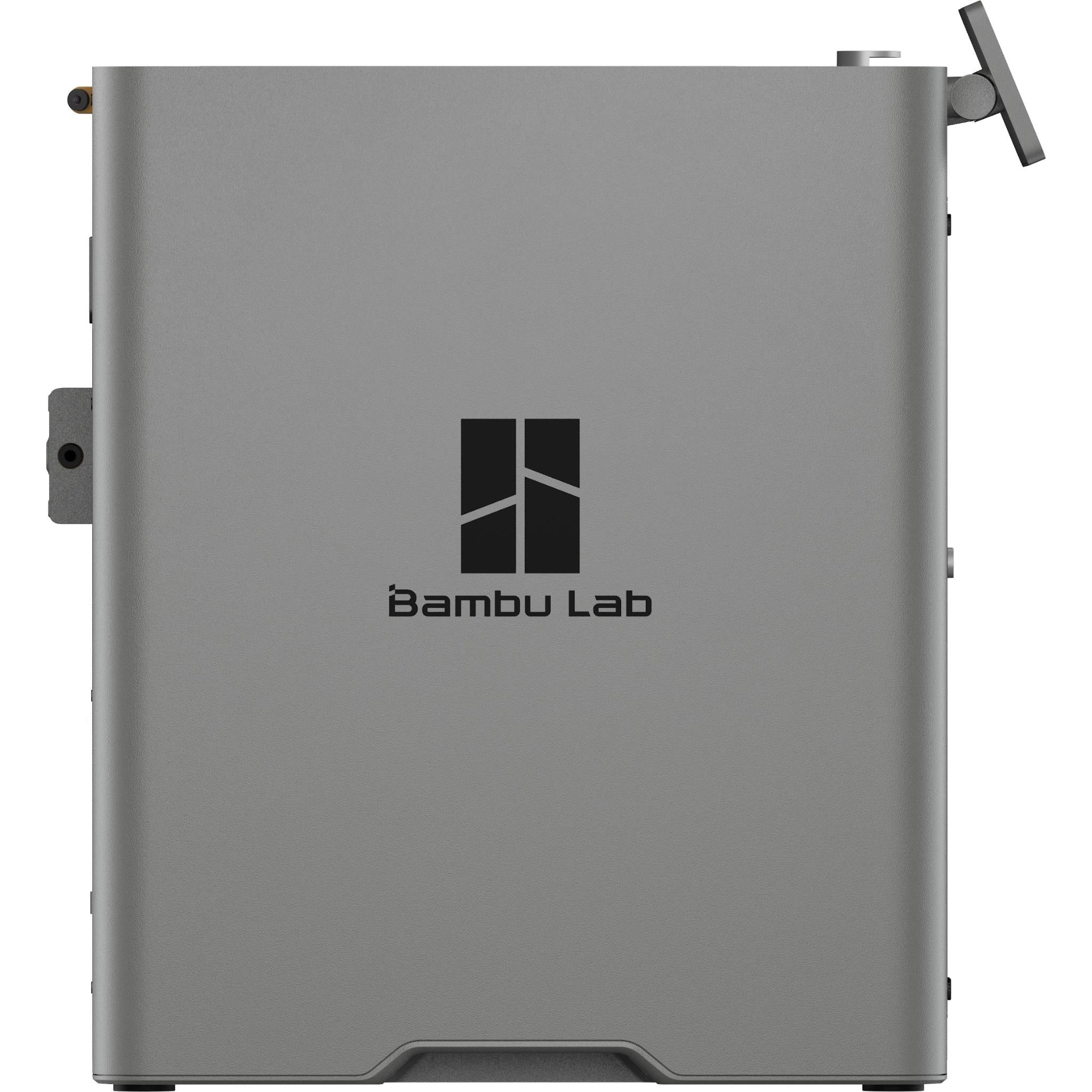 Grey Bambu Lab enclosed 3D printer with logo on rear panel
